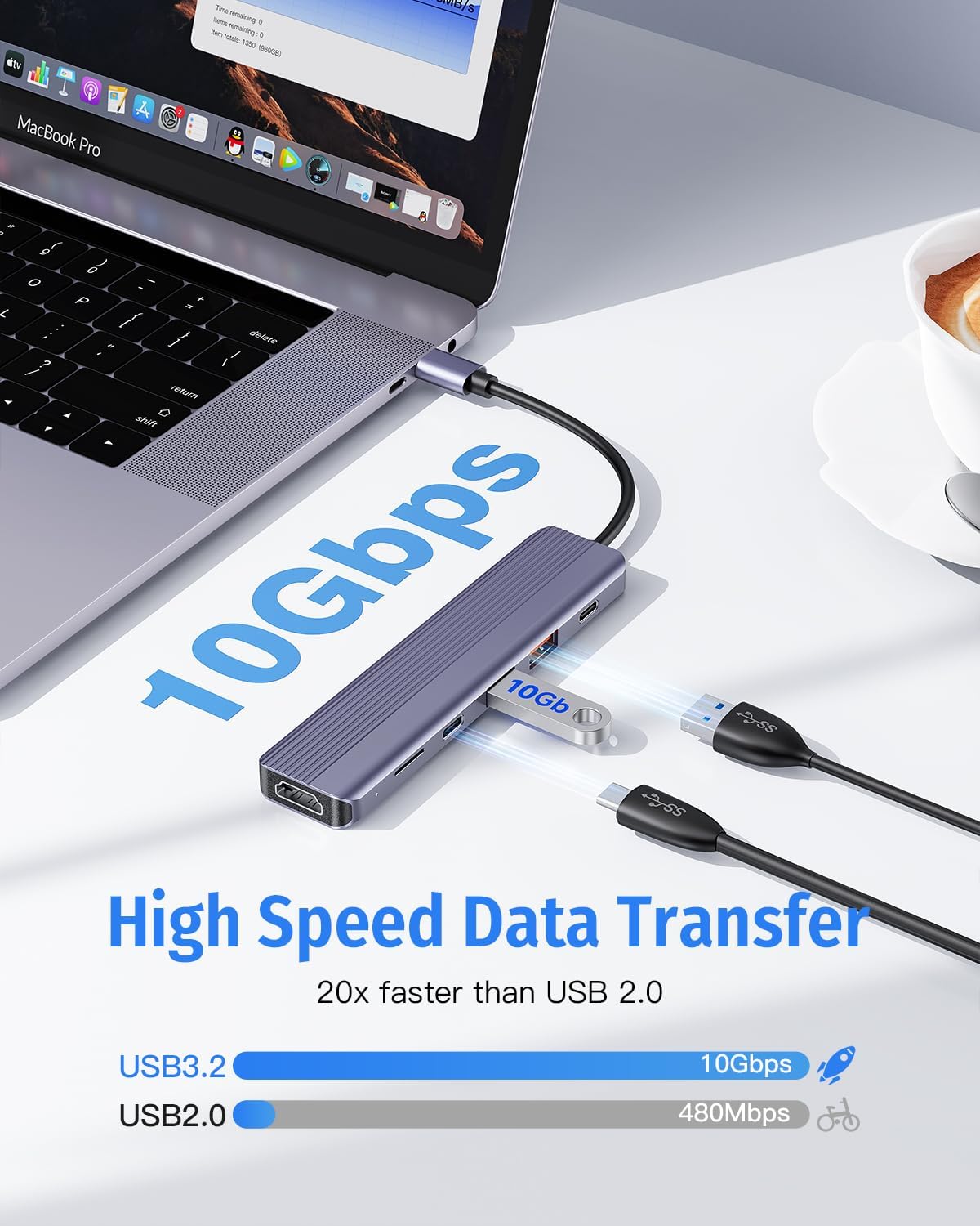 Hub USB tipo C, concentrador USB C de 10 Gbps, divisor USB C con 1 USB C 3.2 y 2 puertos de datos USB A 3.2, HDMI 4K a 60 HZ, 100 W PD, lector de