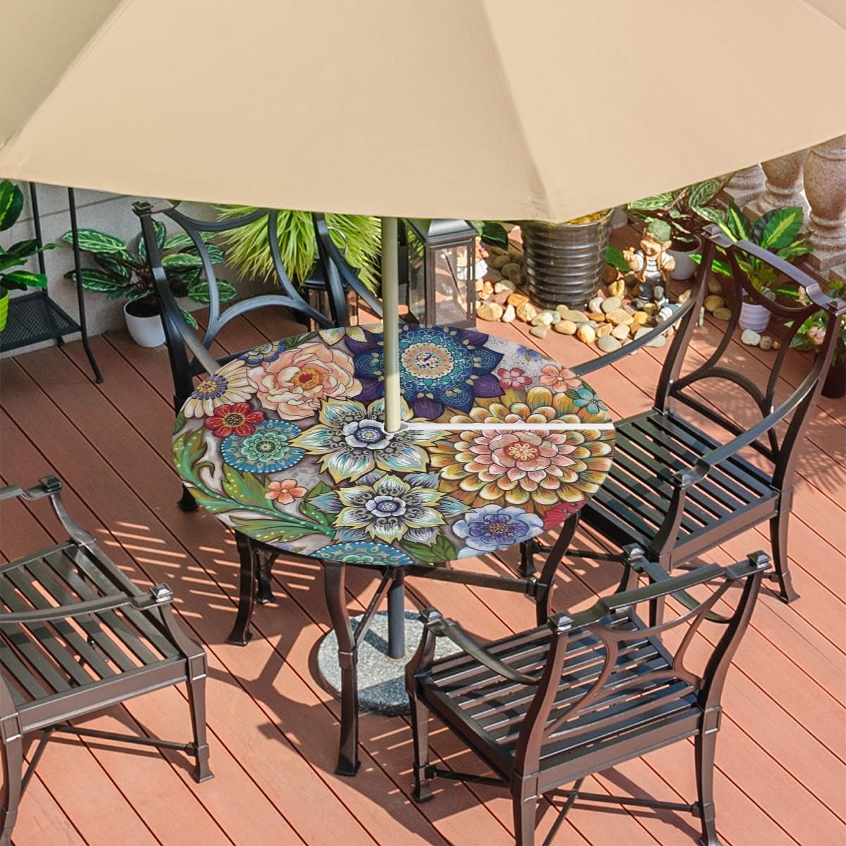 Mantel redondo para exteriores con agujero para paraguas, funda para mesa de patio con flores coloridas, impermeable, para fiestas y pícnics, apto