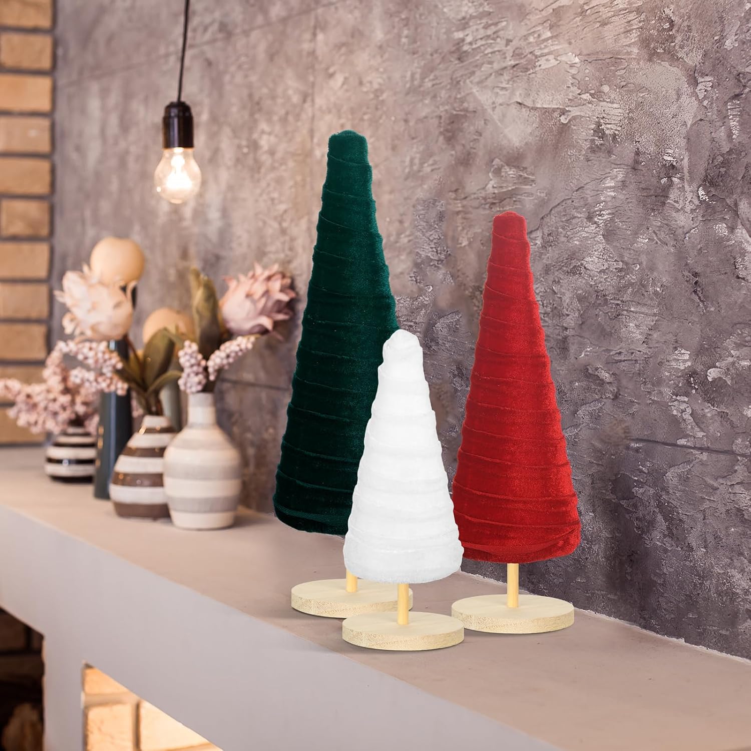 Juego de 3 árboles de terciopelo con pedestal de Navidad, decoración moderna para árbol de invierno, 3 tamaños, decoraciones de terciopelo de
