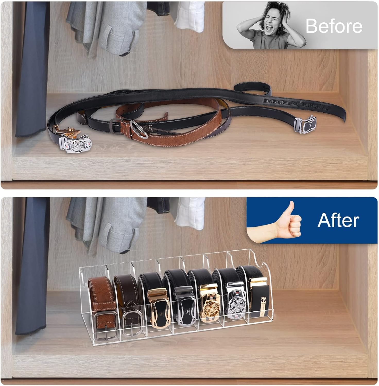 Organizador de almacenamiento de cinturón de acrílico, 7 compartimentos, caja transparente universal, ideal para el hogar, armario y tienda de ropa