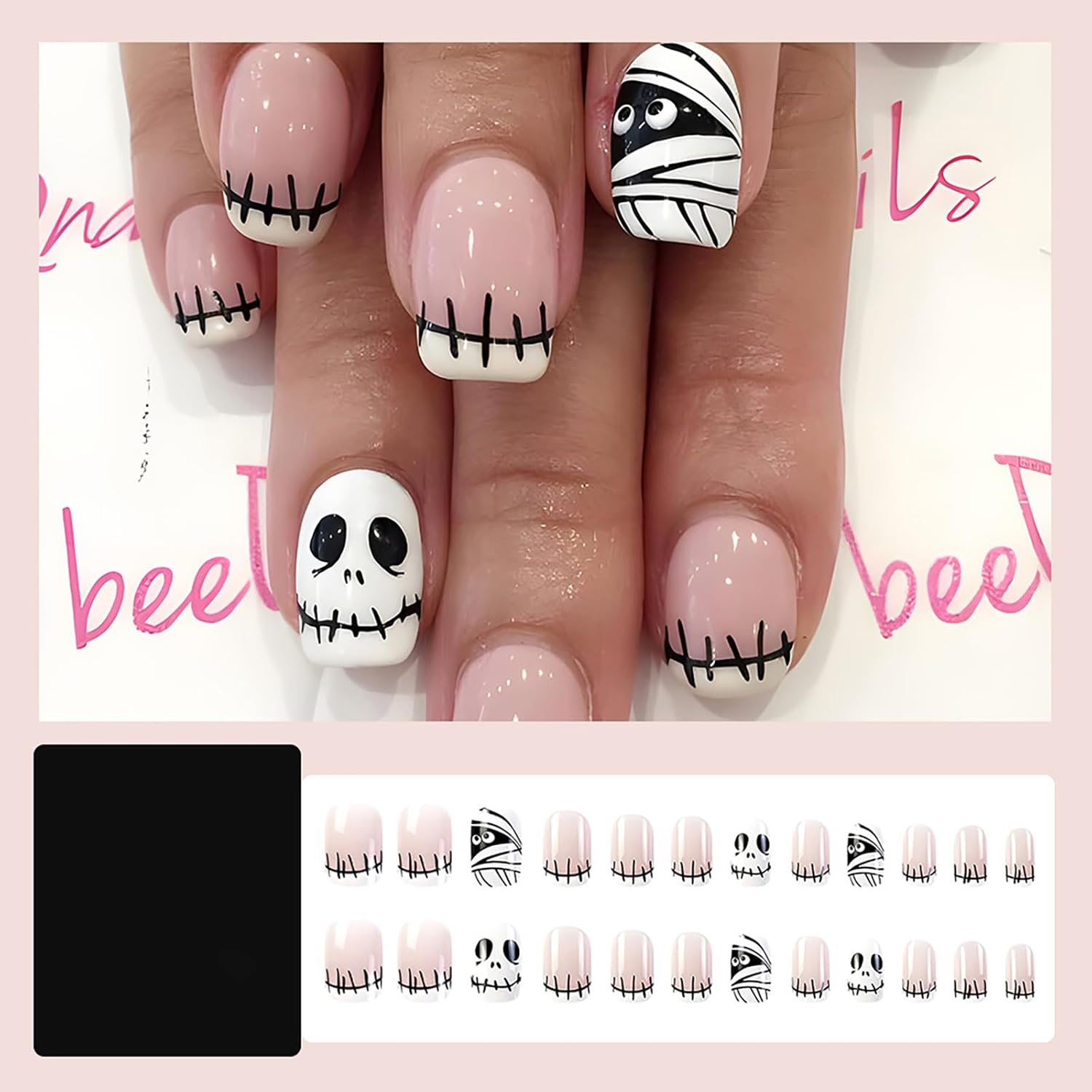 Uñas postizas cortas a presión de Halloween, uñas postizas de punta francesa con bonito diseño de esqueleto y momia, uñas postizas cuadradas de