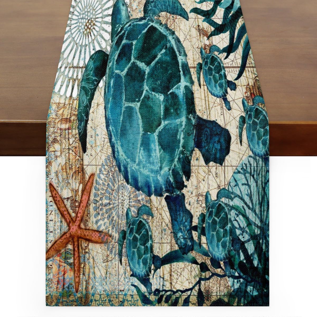 Camino de mesa con diseño de tortugas de animales del océano, mantel de lino rústico de otoño, para cocina, comedor, decoración para fiesta en el