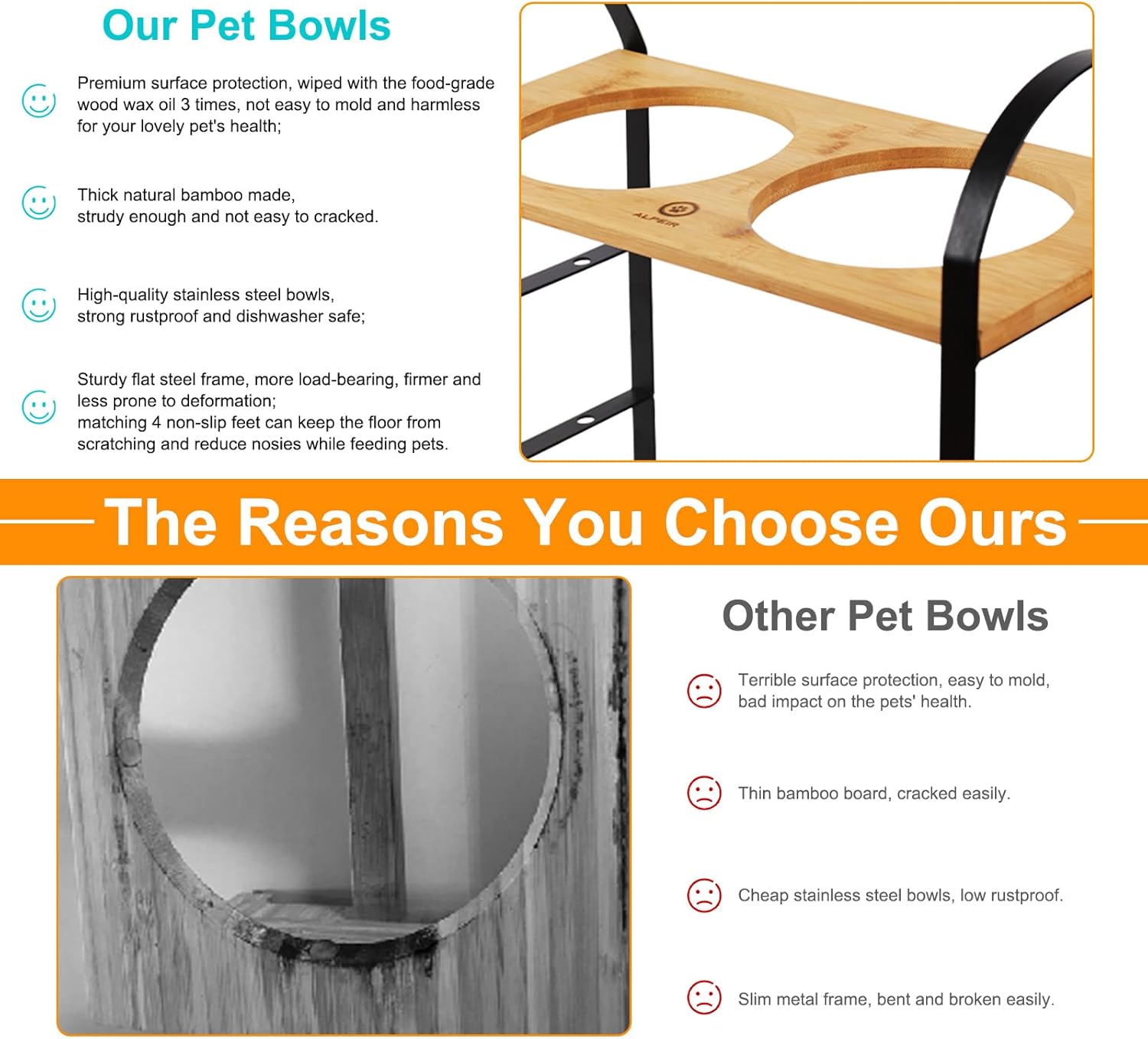 Cuencos elevados para perros, cuencos elevados ajustables para perros con 2 cuencos de acero inoxidable, soporte de bambú para alimentos para