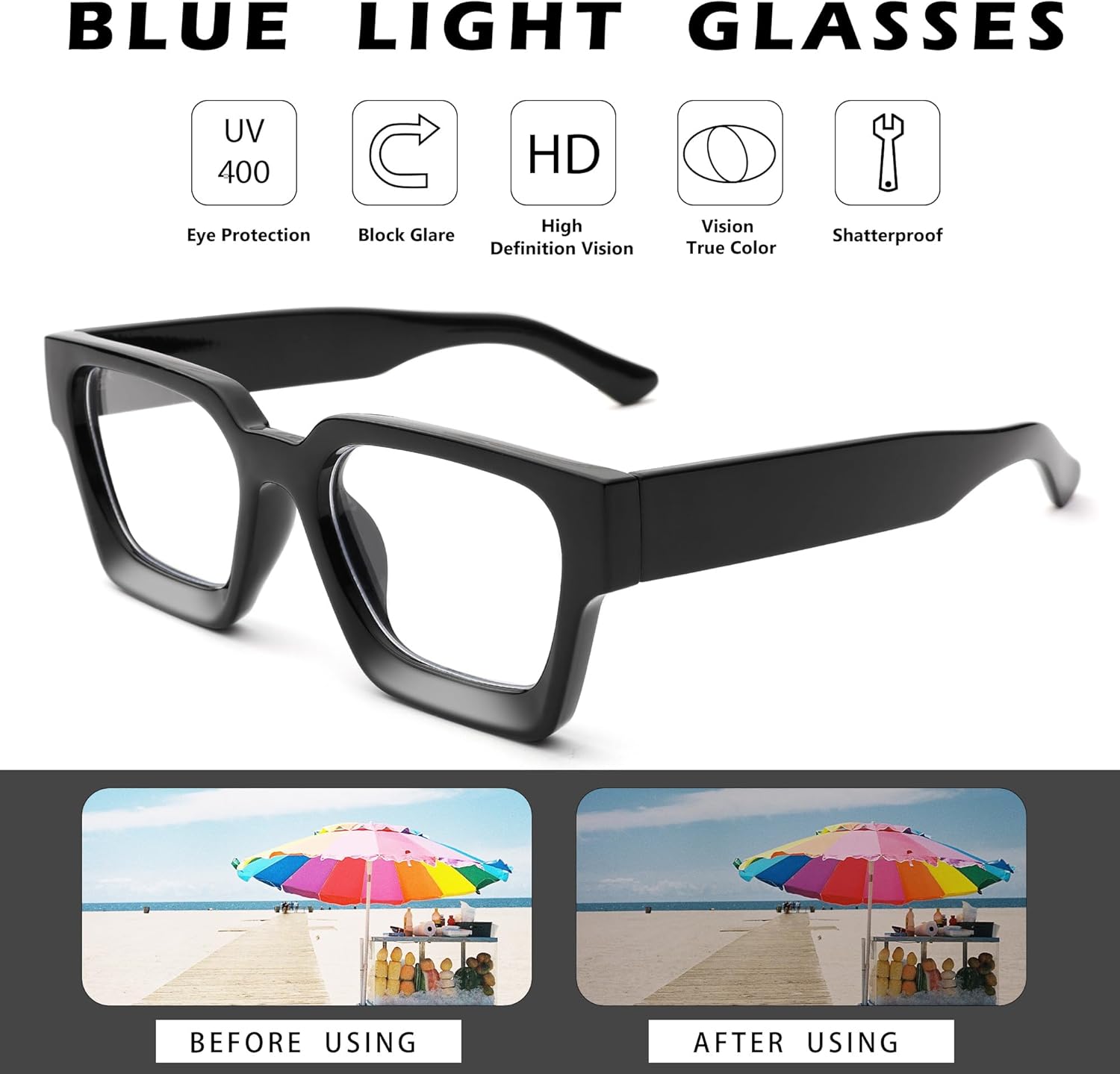 Haygafe Gafas de luz azul con marco cuadrado grueso para mujeres y hombres, gafas de computadora de moda con lente transparente