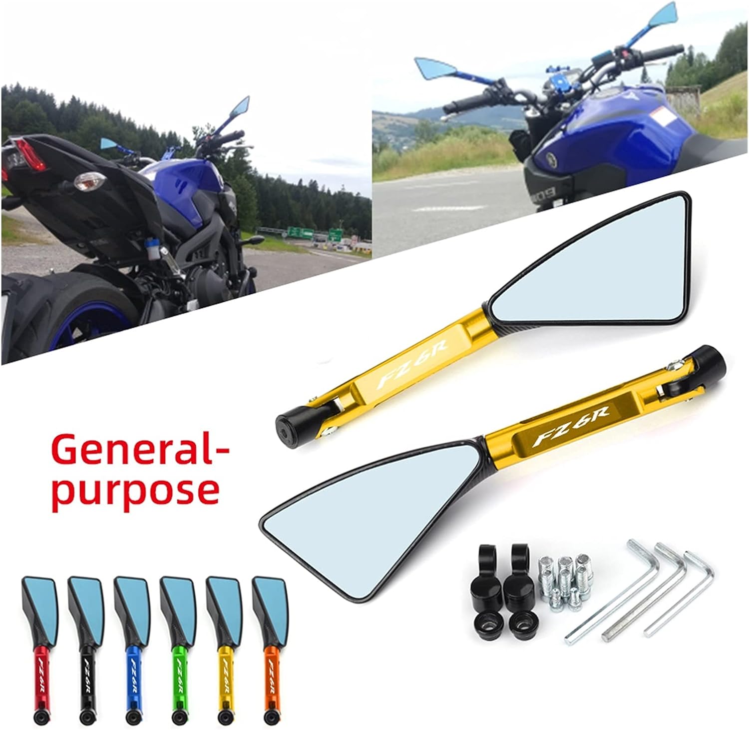 Espejo universal motocicleta espejo CNC lateral retrovisor para Yamaha FZ6R FZ-6R (color negro, tamaño normal)