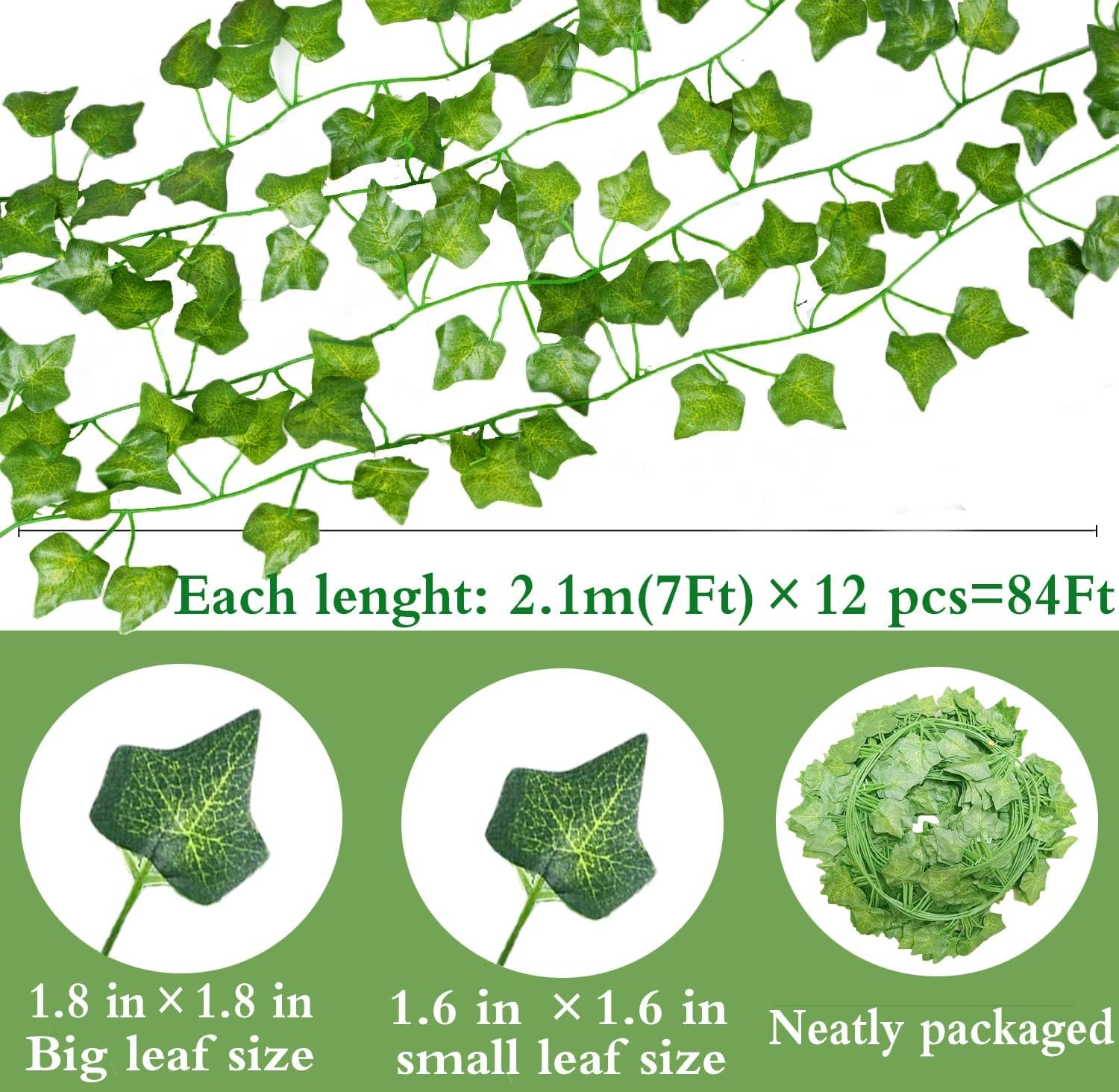 Paquete de 12 hojas de hiedra falsas de 84 pies, enredaderas, guirnalda artificial, plantas colgantes para decoración de dormitorio, estética,