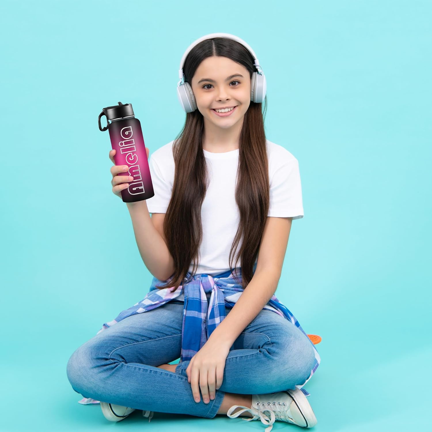 Botellas de agua personalizadas con nombre, botella de agua de acero inoxidable con aislamiento de doble cara con pajilla, termo personalizado,