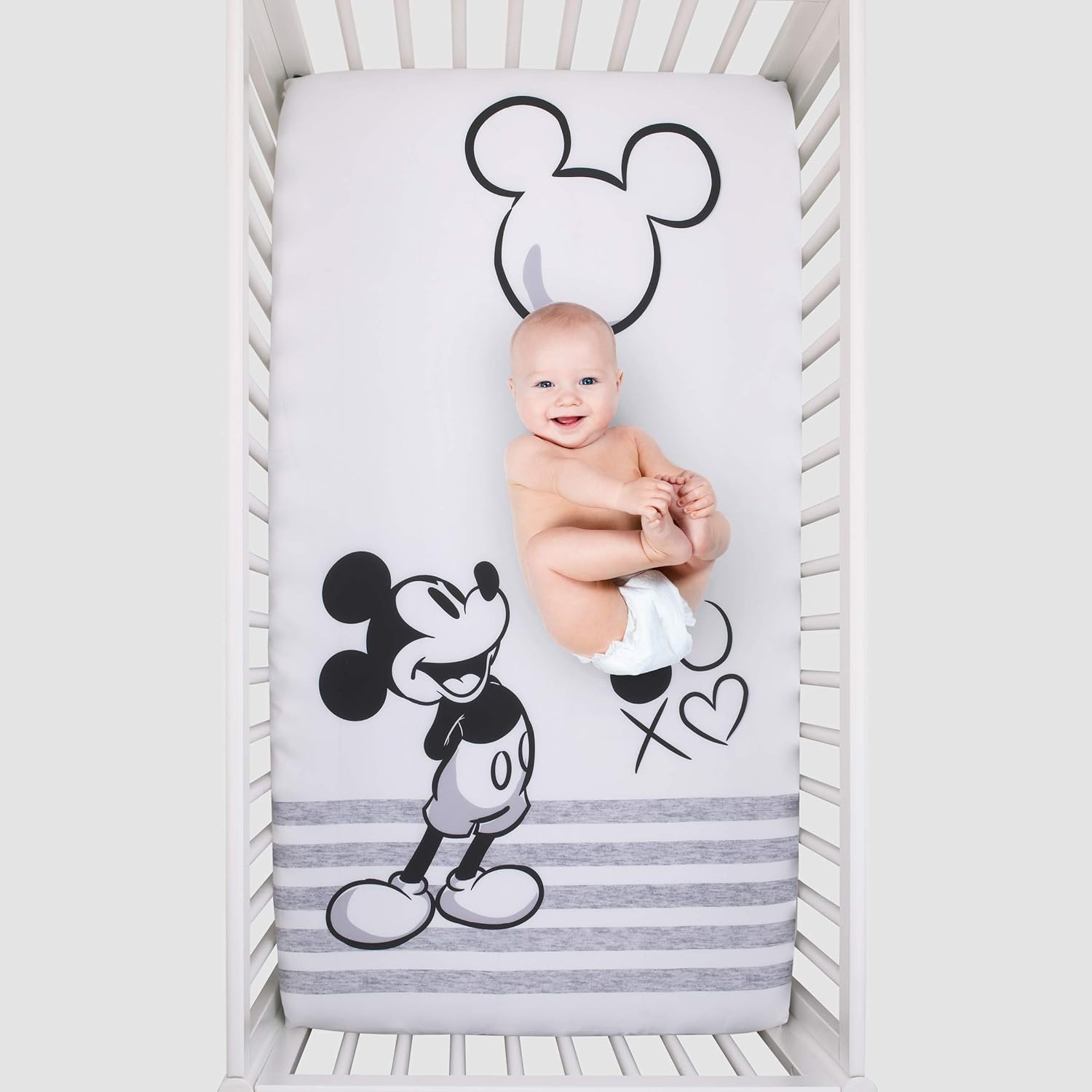 Disney Mickey Mouse – Sábana bajera ajustable para cuna, color gris, marfil y negro
