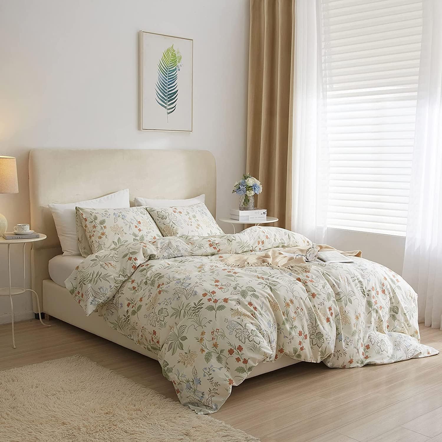 Juego de funda de edredón estilo jardín, diseño floral, tamaño individual, elegante, con hojas, flores y ramas, de algodón, estético, color blanco,