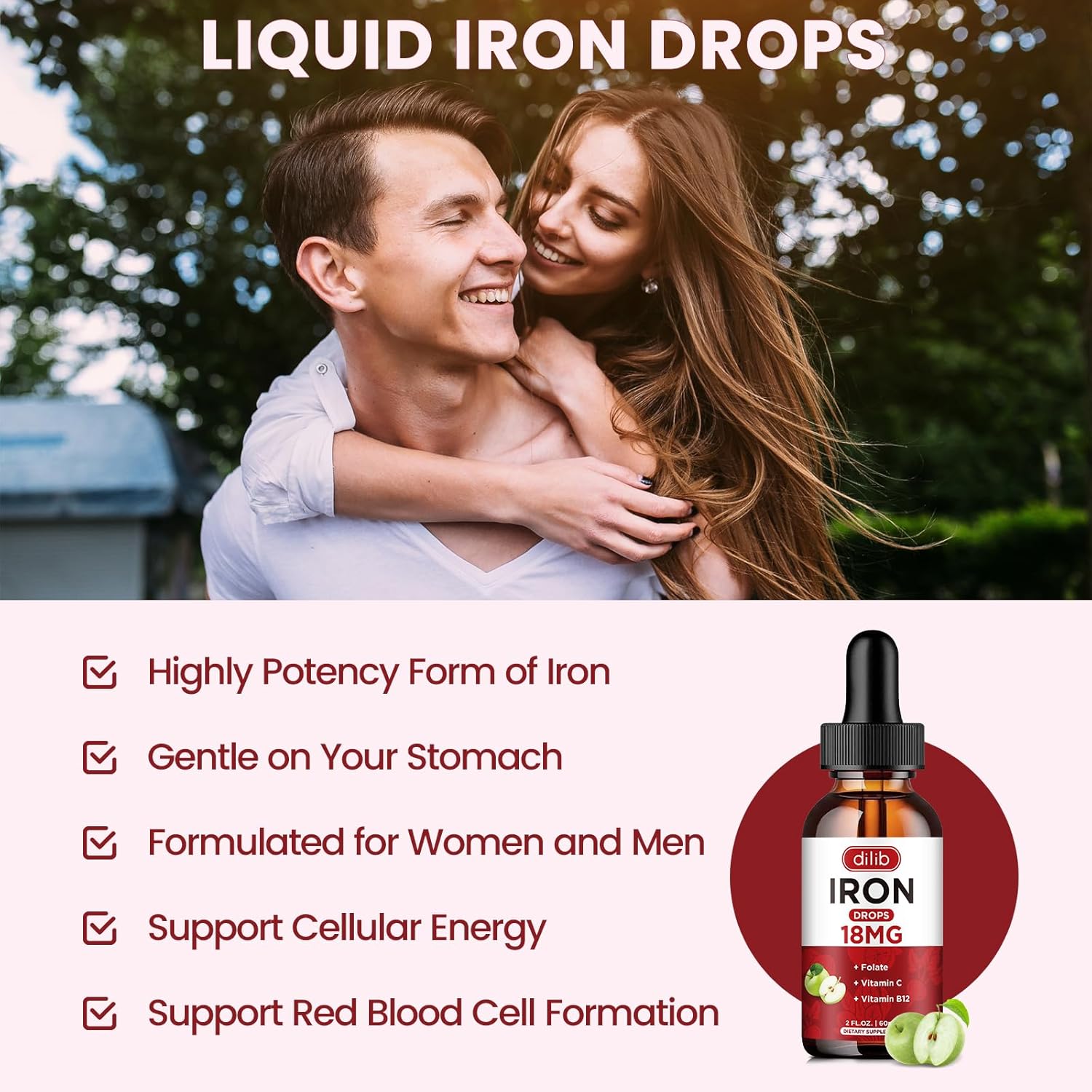 Suplemento de hierro líquido para mujeres y hombres, suplementos de hierro para anemia con folato, vitamina C, B12 para soporte de glóbulos rojos,