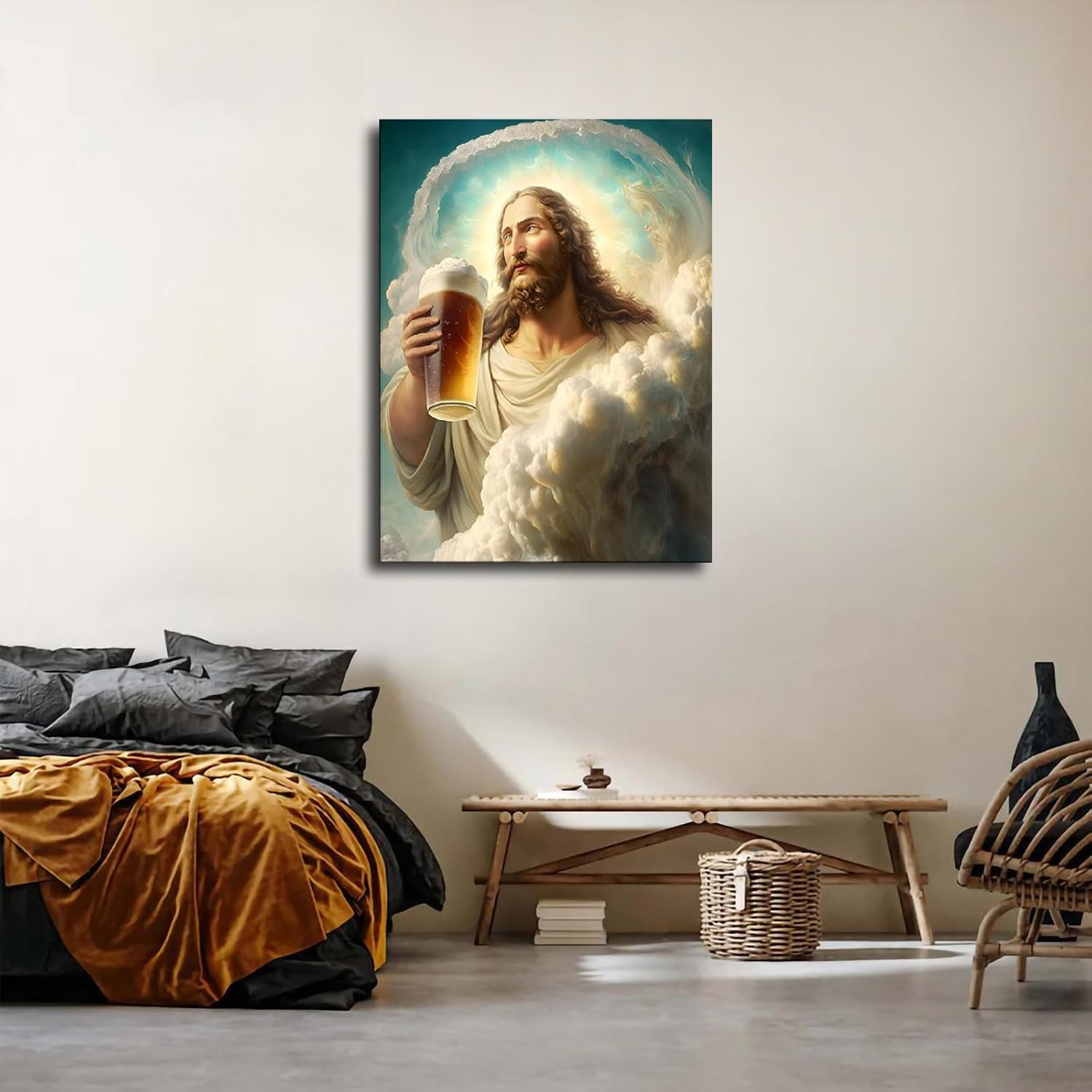 Póster divertido de cerveza de Jesús, imagen artística de cristal humorística de Cristo bebiendo cerveza, póster para sala de estar, oficina, póster