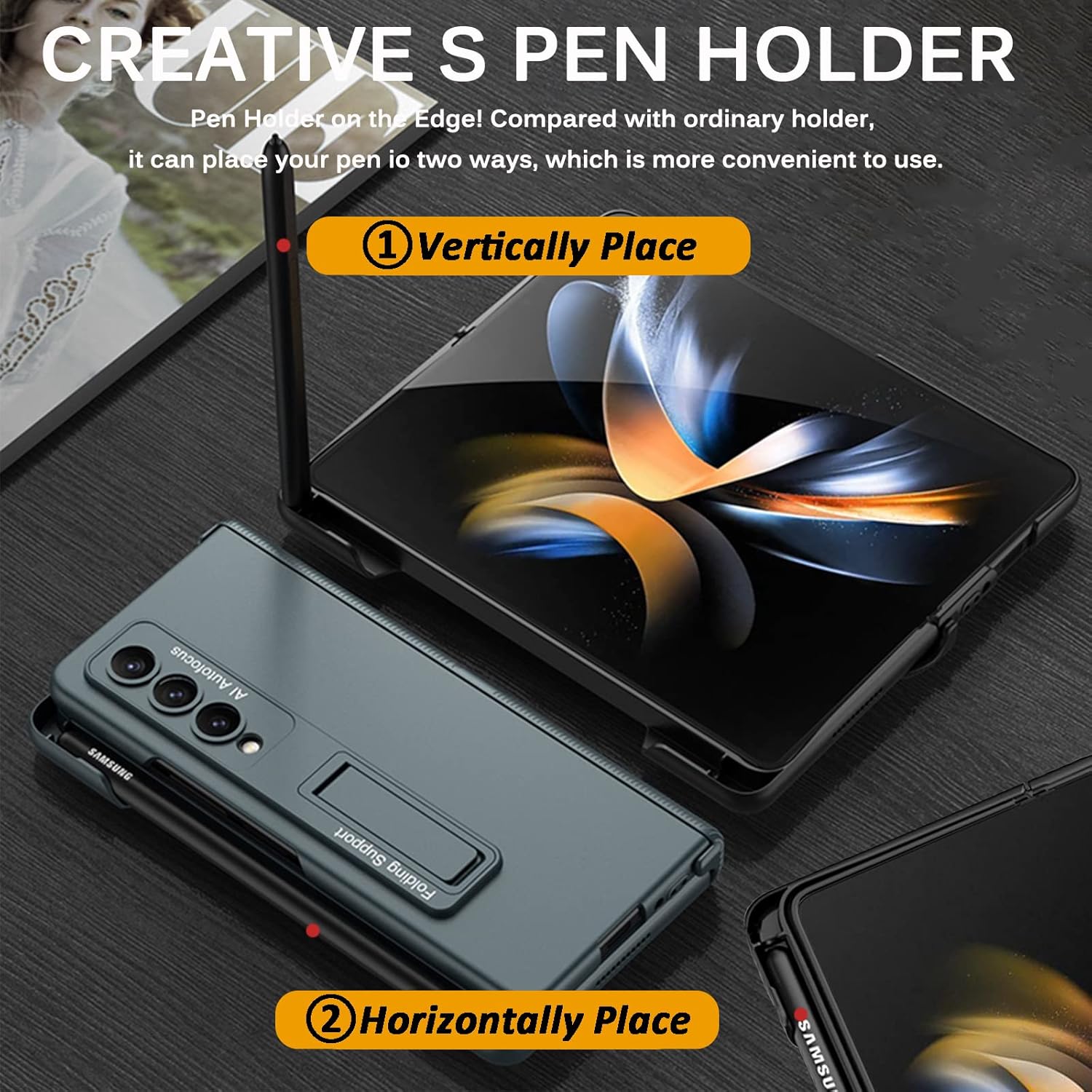 Miimall Funda compatible con Samsung Z Fold 4 con soporte para bolígrafo en el borde, magnético, con bisagras, cubierta de pantalla de vidrio