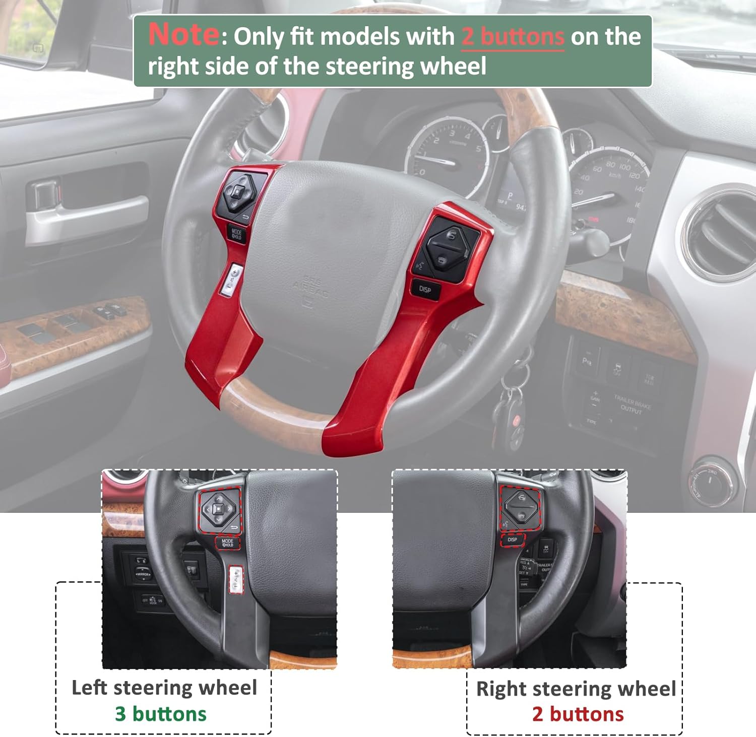 JDMCAR Moldura cromada para volante compatible con accesorios Tacoma 2016-2023, 4Runner 2010-2024, Tundra 2014-2021 (rojo, 3+2 agujeros)