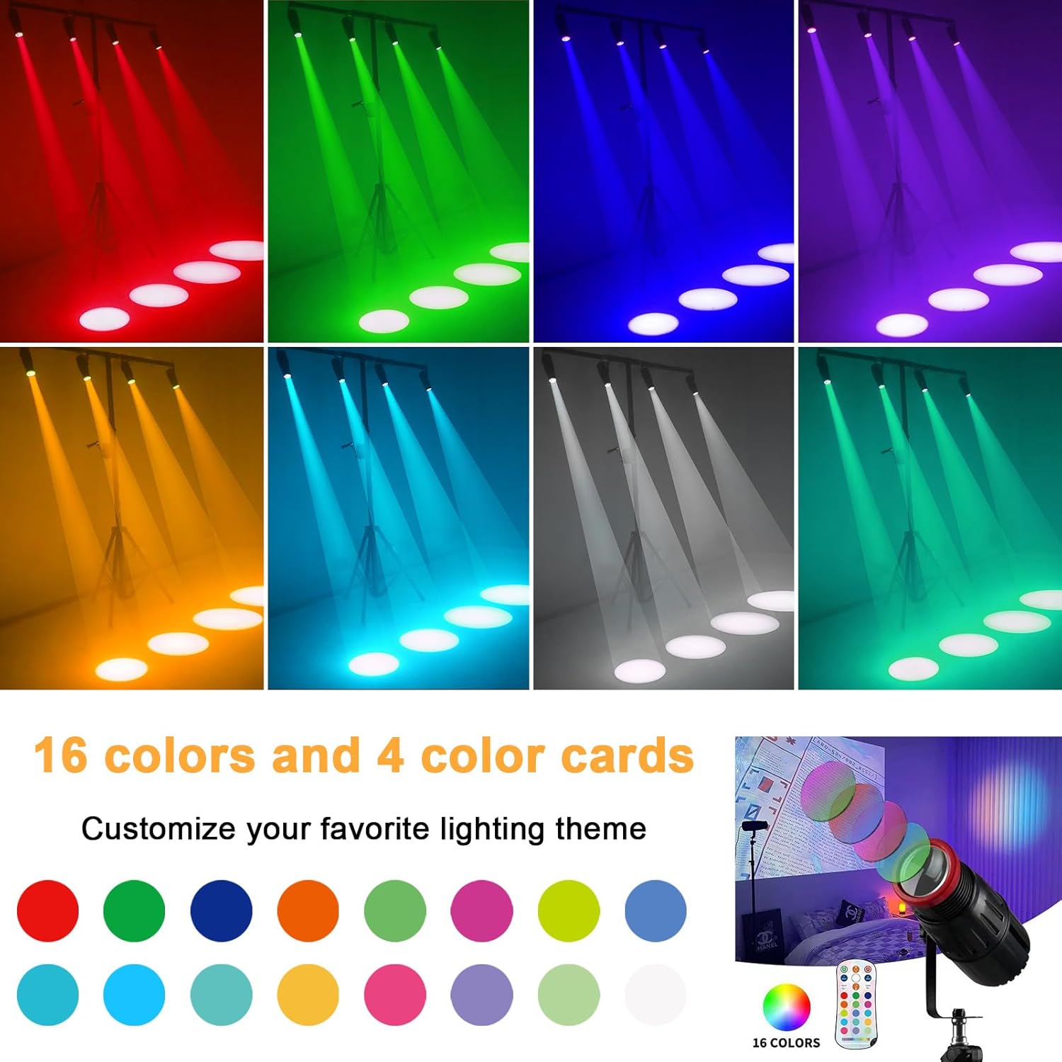 Luces Pinspot, foco de bola de discoteca de enfoque manual, luz LED regulable de 18 W con control remoto, 16 colores y tamaño de punto, iluminación
