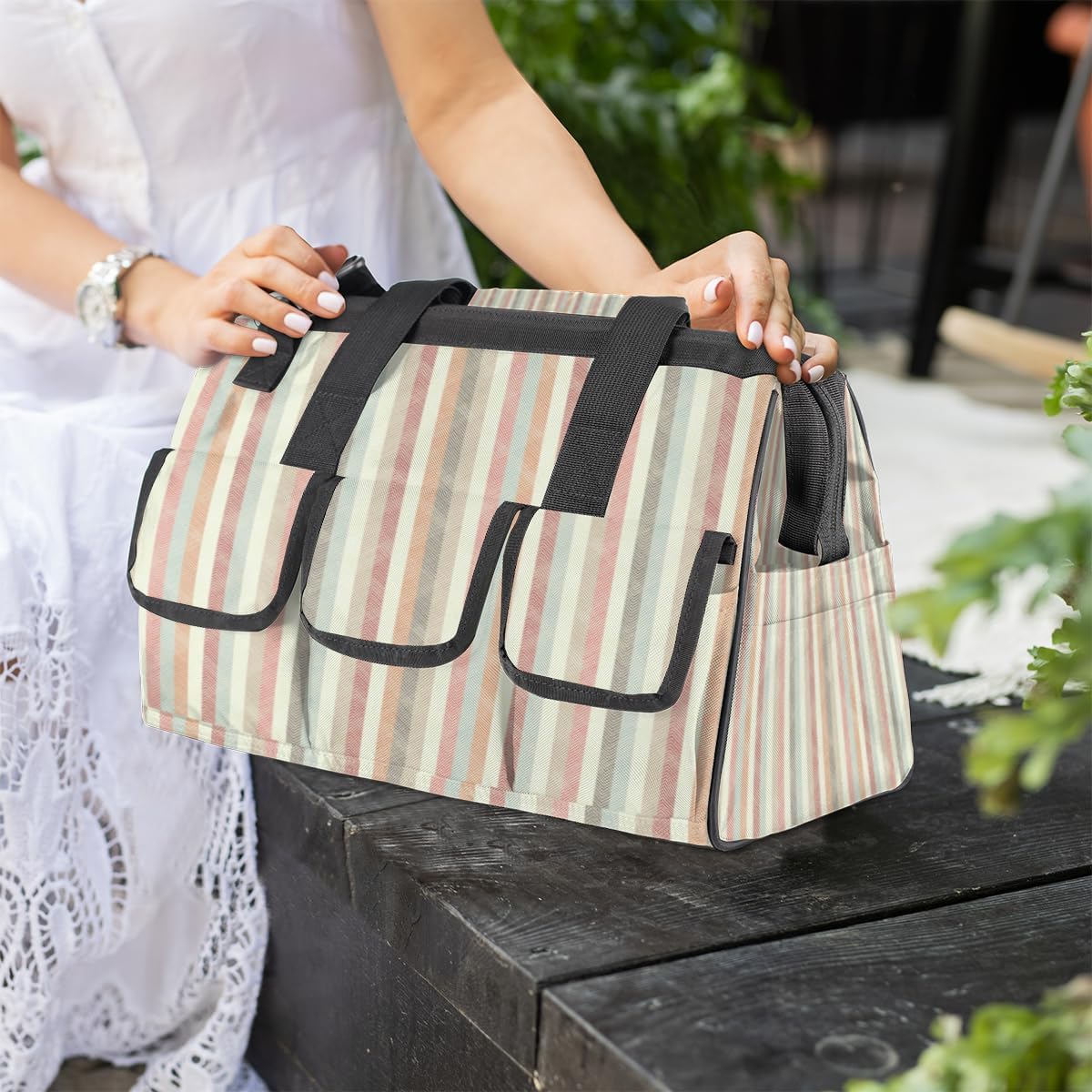 Retro Stripe Pastel Wide Mouth Tool Bags for Men and Women 14 Pockets Tool Tote Bag Pouch Heavy Duty Tool Organizer Bag with Adjustable Strape for