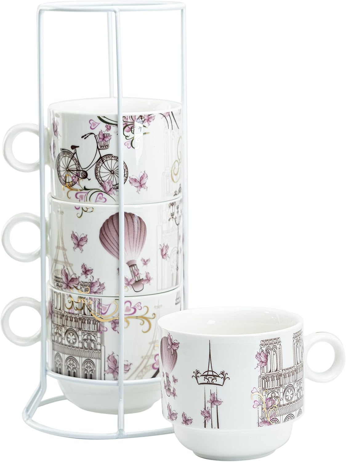 Juego de 4 tazas apilables de café y té de 10 onzas con soporte de metal blanco (Torre Eiffel de París, oro rosa)