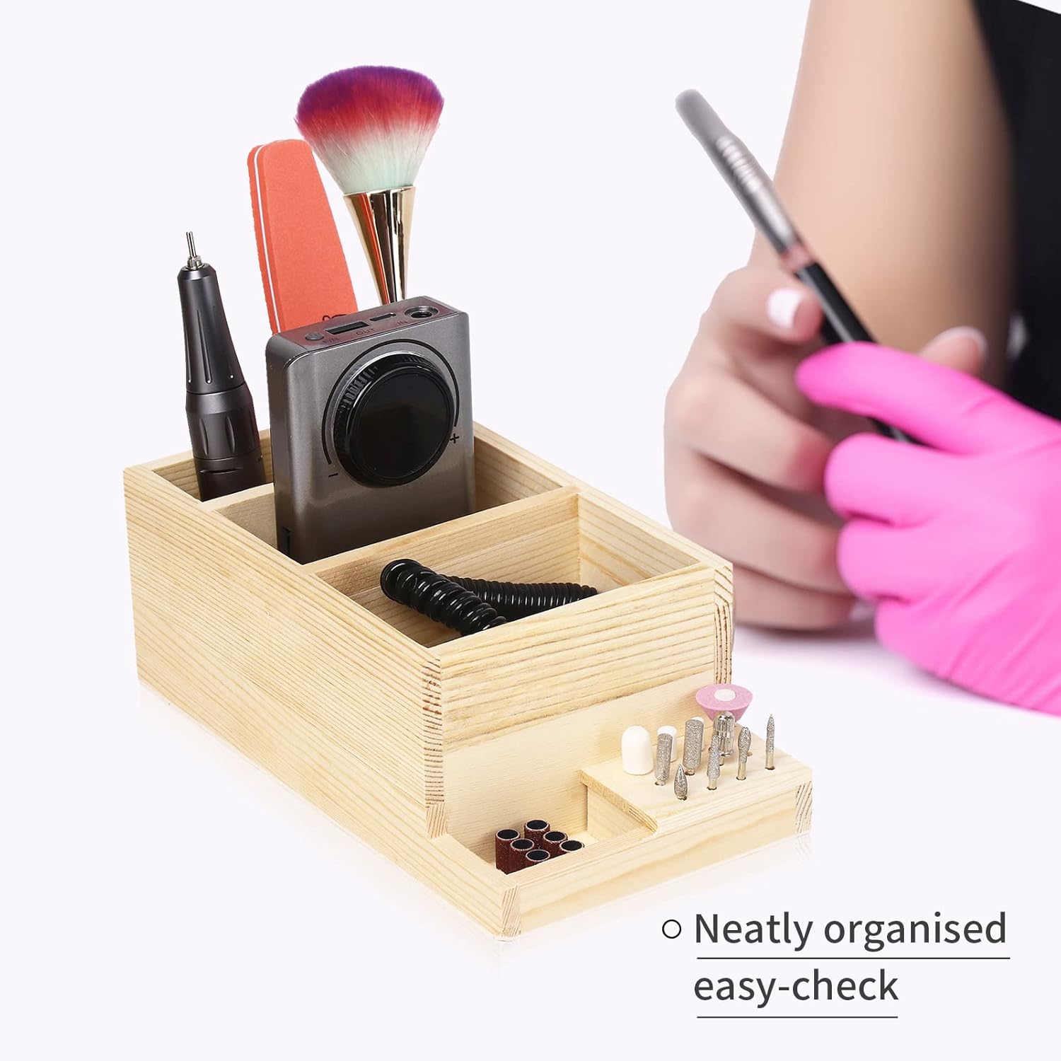Máquina de taladro de uñas de madera y caja de almacenamiento de brocas (grande), organizador ecológico duradero para herramientas de manicura,