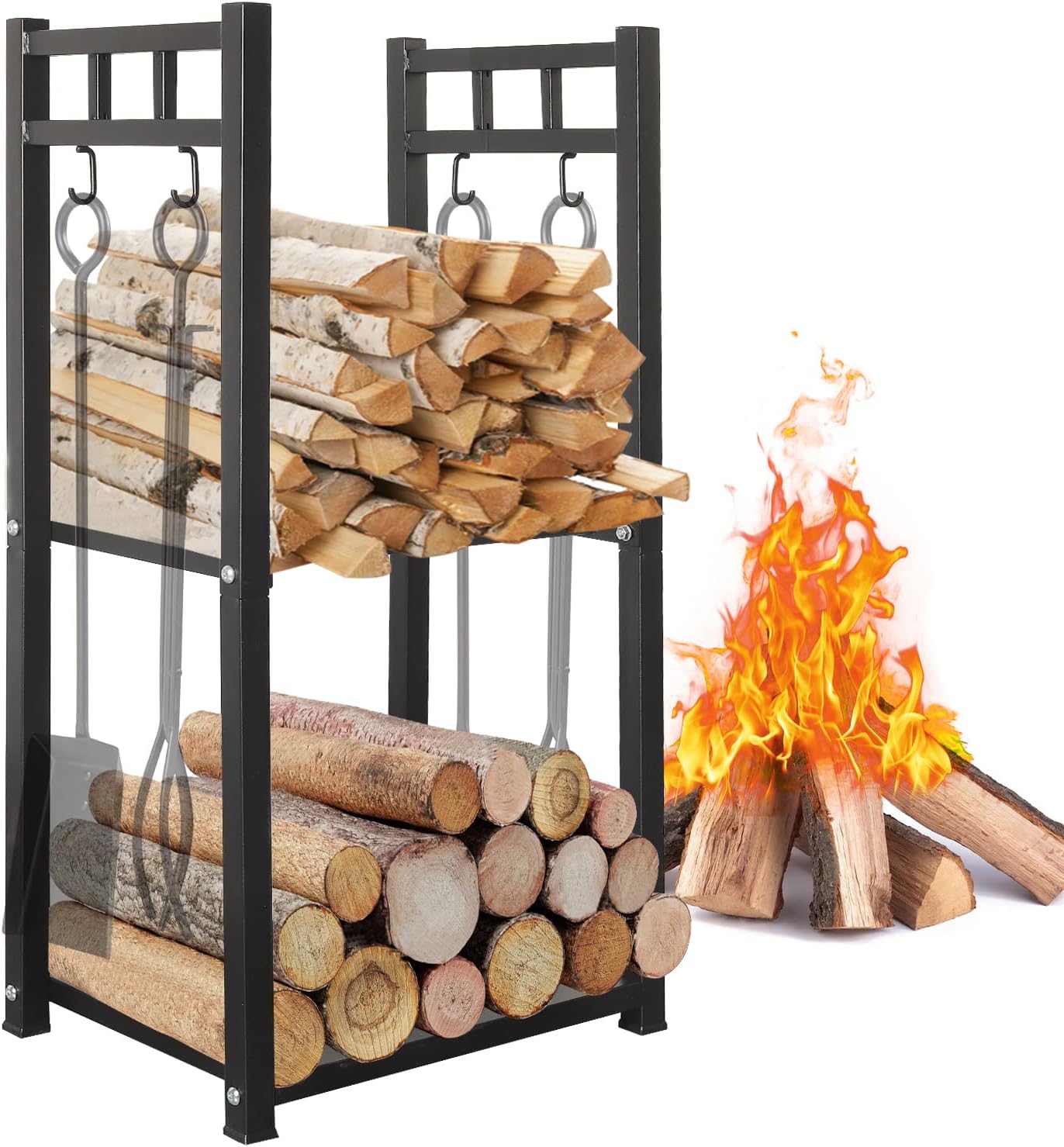 GREENER Soporte para troncos de 2 niveles de 31.6 pulgadas de alto para leña, chimeneas, estufas de leña y patios al aire libre
