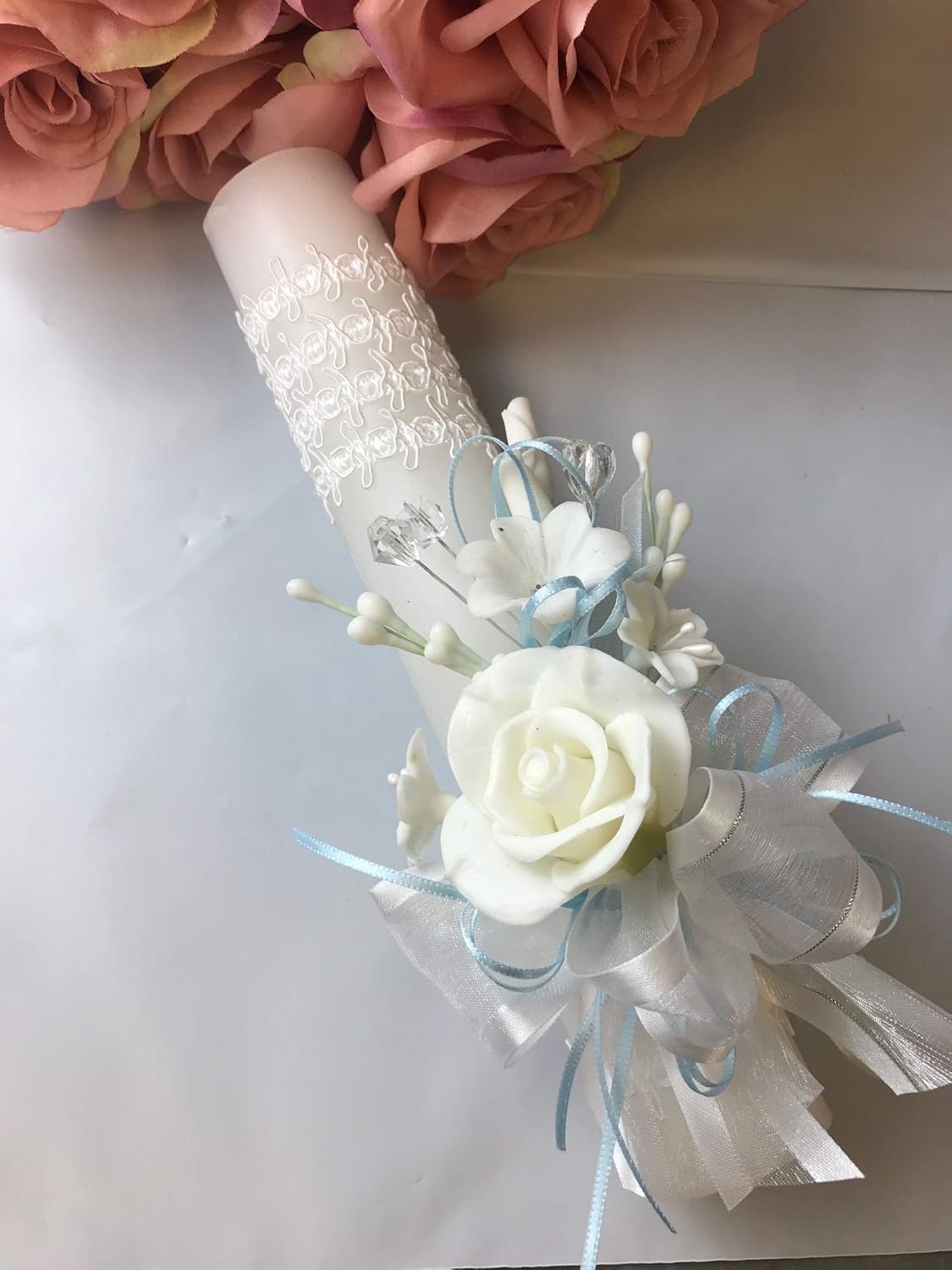 OOKi – Vela de bautismo, flores, cristales, cruz de encaje y cinta, bautizo, día de bendición, vela de comunión, vela de ceremonia de bautizo (azul)