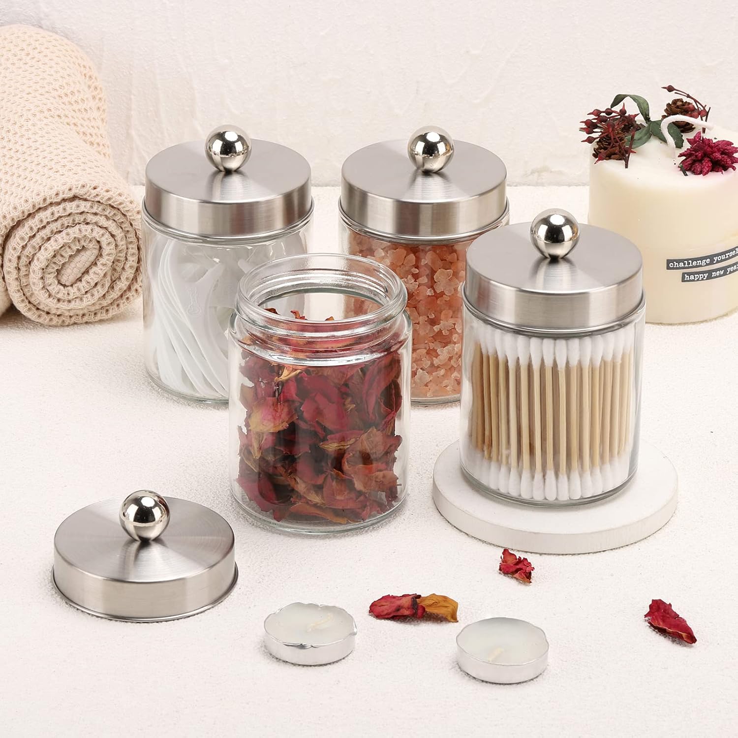 Tbestmax Dispensador de soporte de vidrio Qtip, recipientes de baño de 10 onzas, tarros de boticario con tapas de metal para hisopos de bolas de