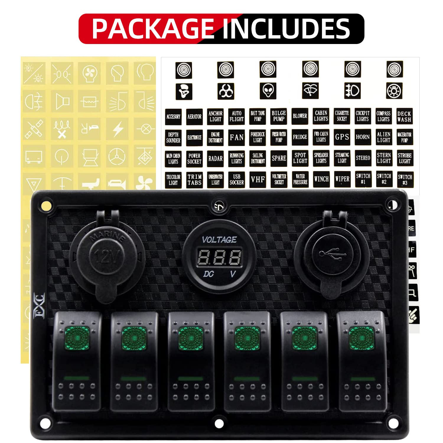 Panel FXC impermeable, con ranura de doble puerto USB, fusibles de 4.2A, visualización digital de voltaje, toma de encendedor y 4, 6 u 8 tipos de