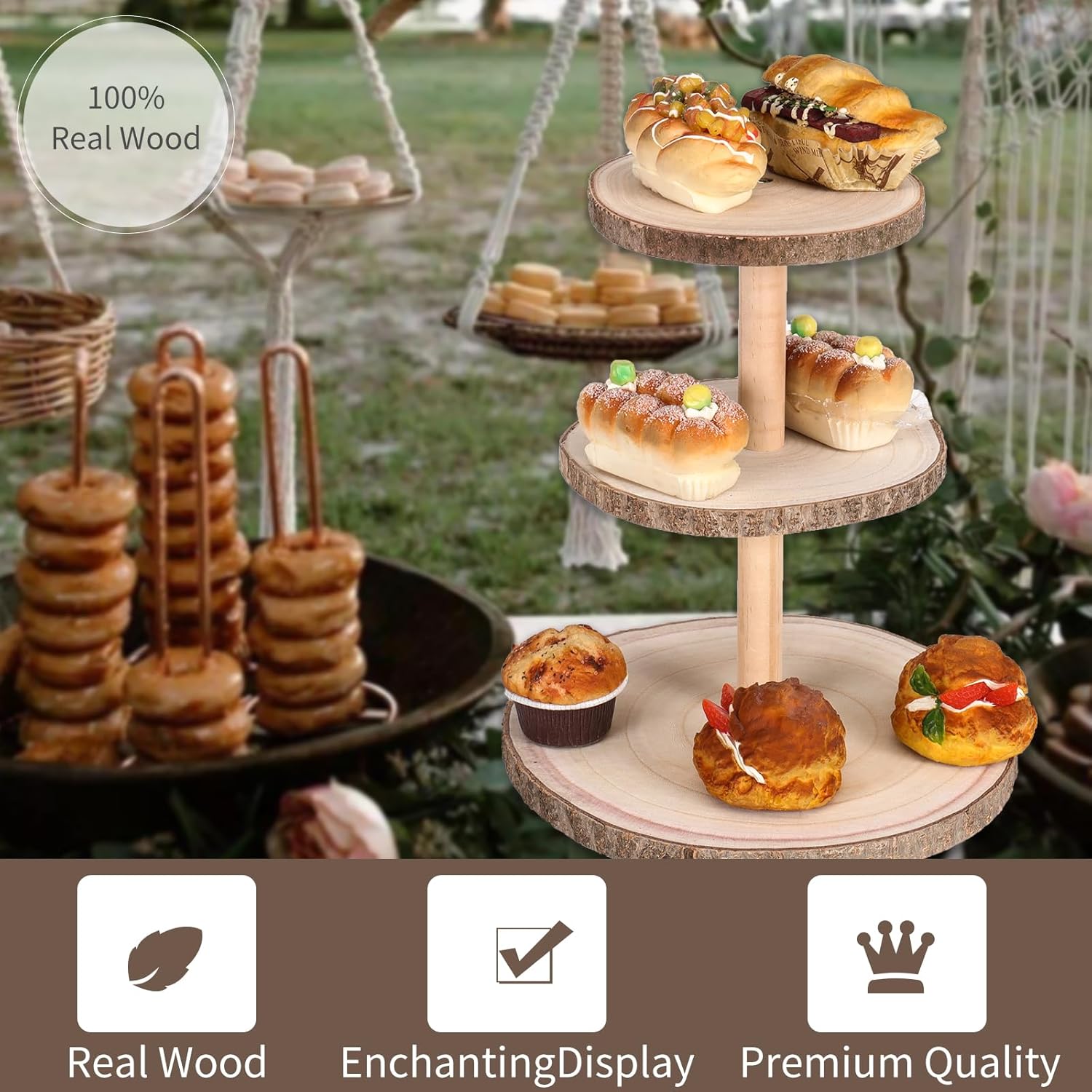 Soporte de torre de 3 niveles para cupcakes, rústico, redondo, de madera, para postres y pasteles, para boda, cumpleaños, graduación, fiesta de té
