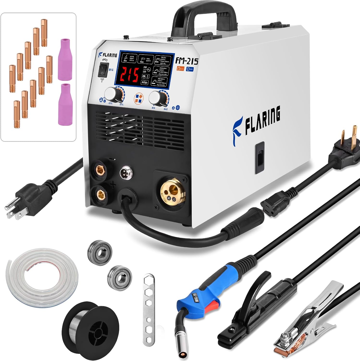 FLARING Soldador MIG, pantalla digital LED de 215 amperios, sinérgica MIG 120 V240 V Voltaje dual, 6 en 1 Gas MIGflujo sin gas núcleo MIGStickLift