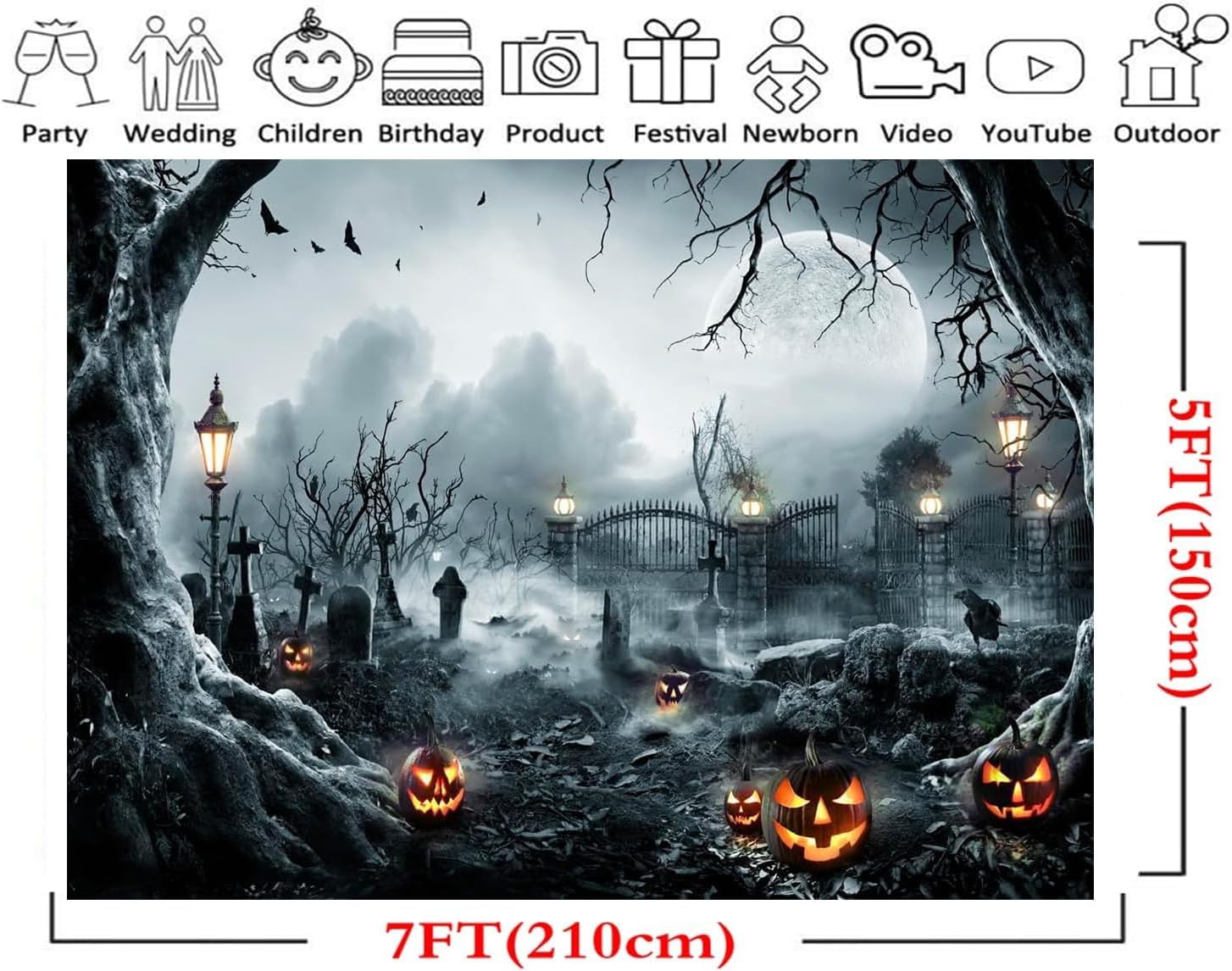 LYWYGG Telón de fondo de Halloween de 7 x 5 pies para fotografía, fondo de noche de terror, telón de fondo de luna de calabaza aterradora para