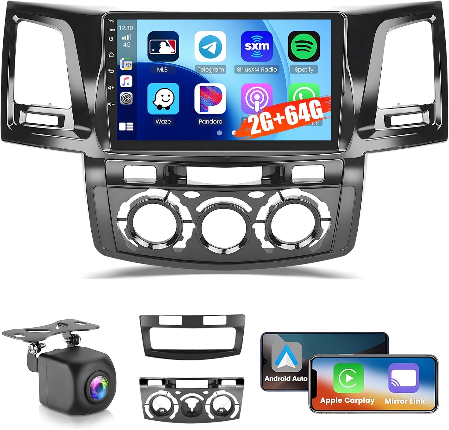 Hikity 2+64 GB para Toyota Fortuner Hilux 2005-2014 Android estéreo del coche con Carplay Android Auto 9 pulgadas pantalla táctil Radio soporte GPS