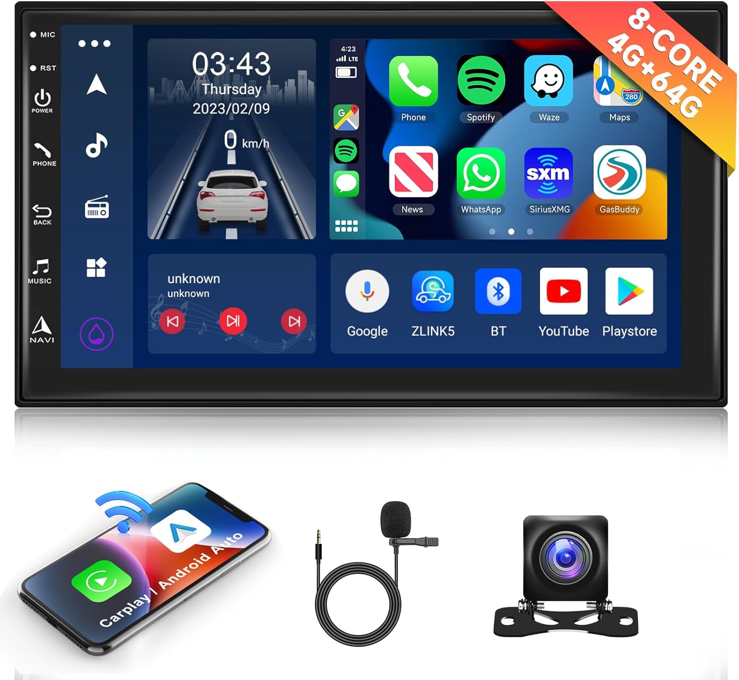 Podofo 8-core 4+64G Android coche estéreo doble DIN Radio con Carplay inalámbricoAndroid Auto 7 pulgadas IPS pantalla táctil Headunit Soporte Espejo