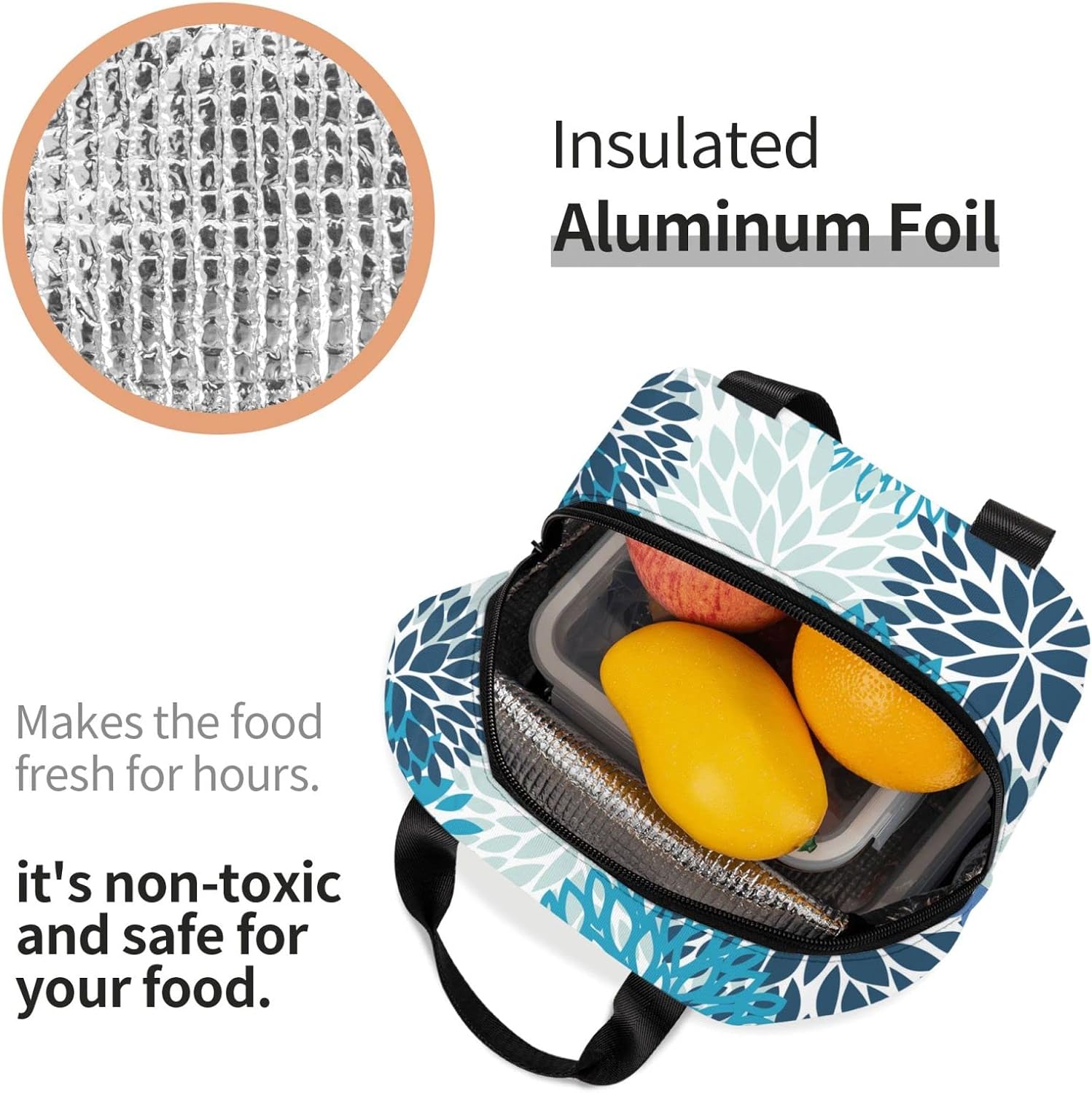 Bolsa de almuerzo con flores de crisantemo, color azul marino, compacta, reutilizable, contenedor para mujeres, hombres, escuela, oficina, trabajo,