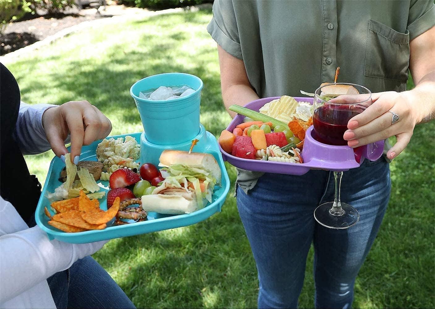 Platos de plástico reutilizables para fiestas con portavasos integrado, juego de 6 platos de fiesta y tazas para niños o adultos para fiestas en