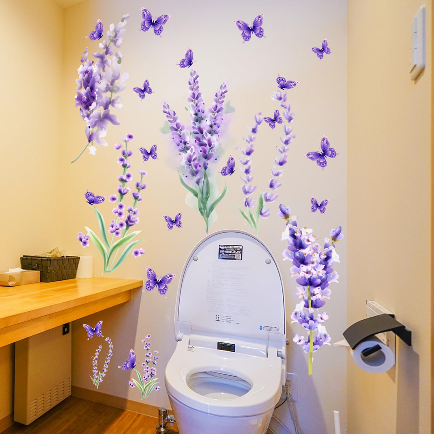 Payutou 2 hojas de calcomanías de pared de lavanda morada, flores, mariposas, bricolaje, acuarela, removibles, arte de pared para niños, niñas,