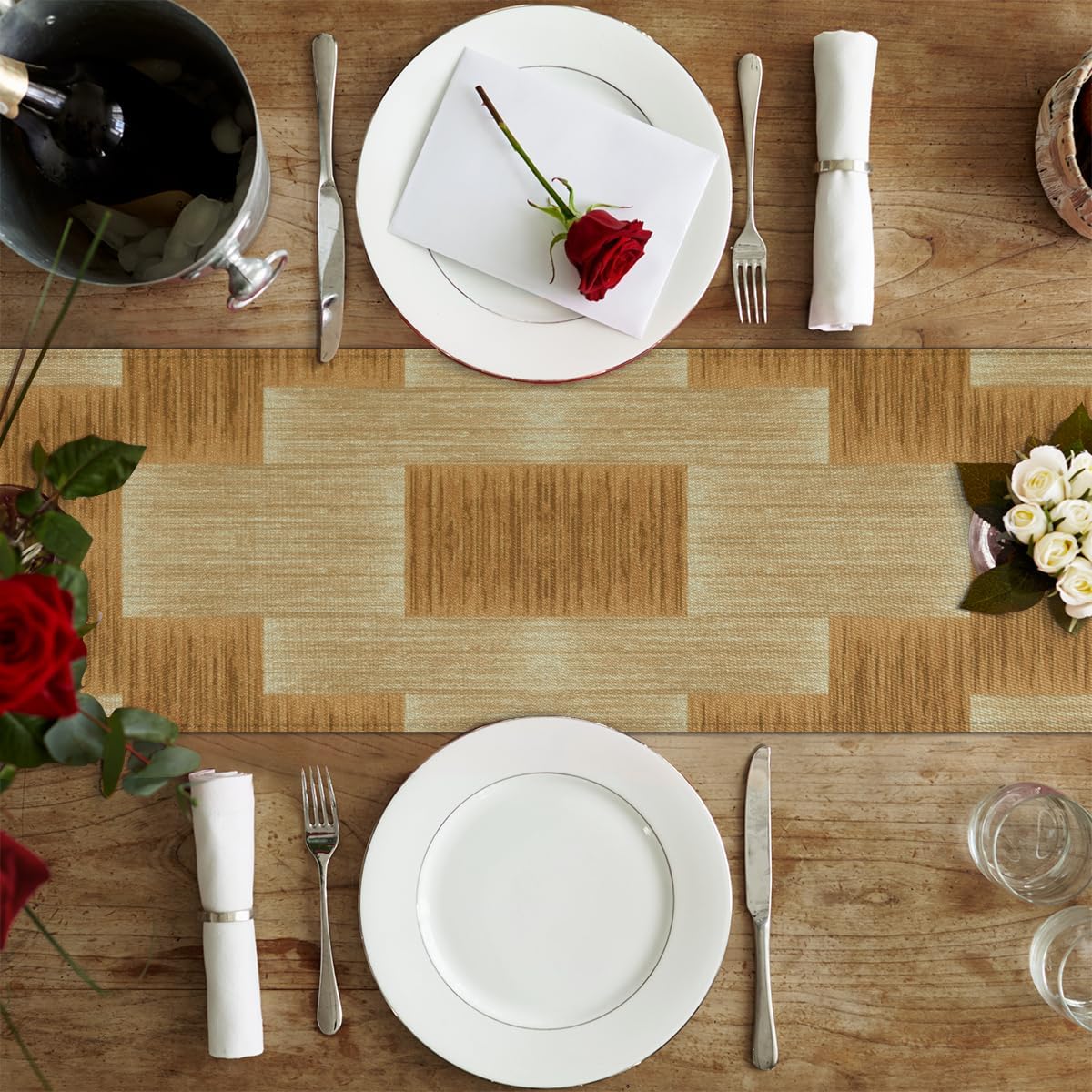 Table Runner Wooden Plaid Pattern, Rustic Linen Table Cloth for Farmhouse Kitchen, Dinner, Events, Party, Holiday Table Decor 13 x 120 Inches