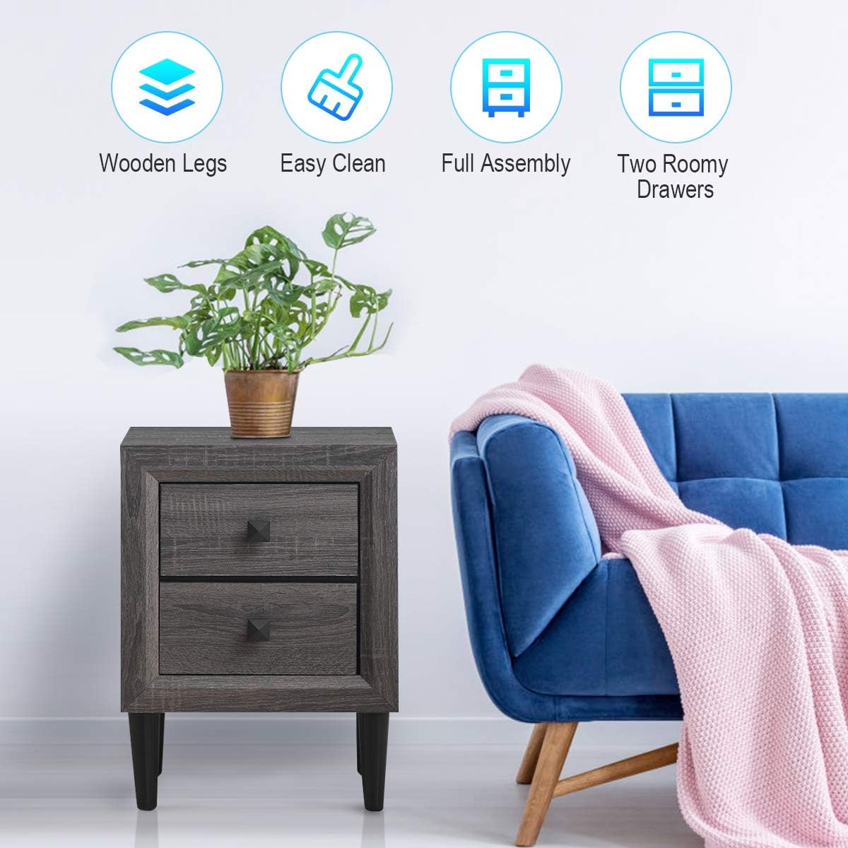 Giantex Mesita de noche de madera con dos cajones de almacenamiento y asas, material impermeable para dormitorio, sala de estar (1)