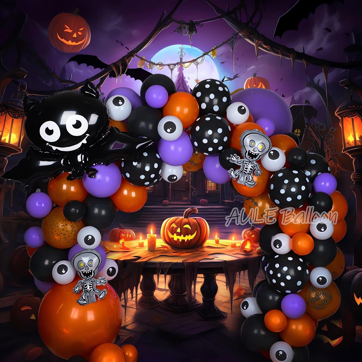 AULE Kit de arco de guirnalda de globos de Halloween de 141 piezas con mini esqueleto bailarín negro con ojos de gato negro, naranja, morado, negro,