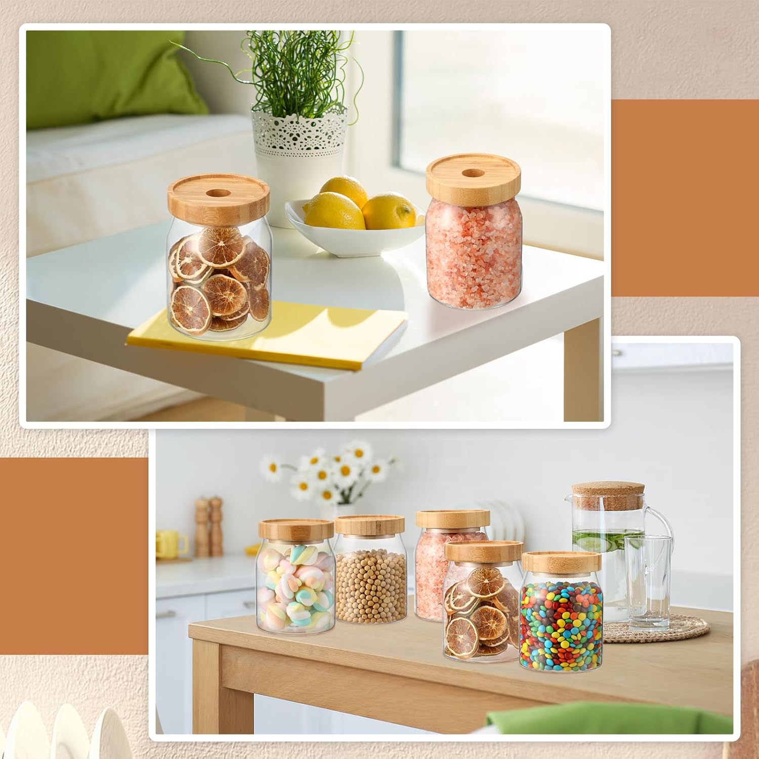 Layhit 6 tarros de vidrio con tapas de bambú, recipientes de vidrio de 20 onzas20.3 fl oz con tapas herméticas, contenedor de arroz, almacenamiento