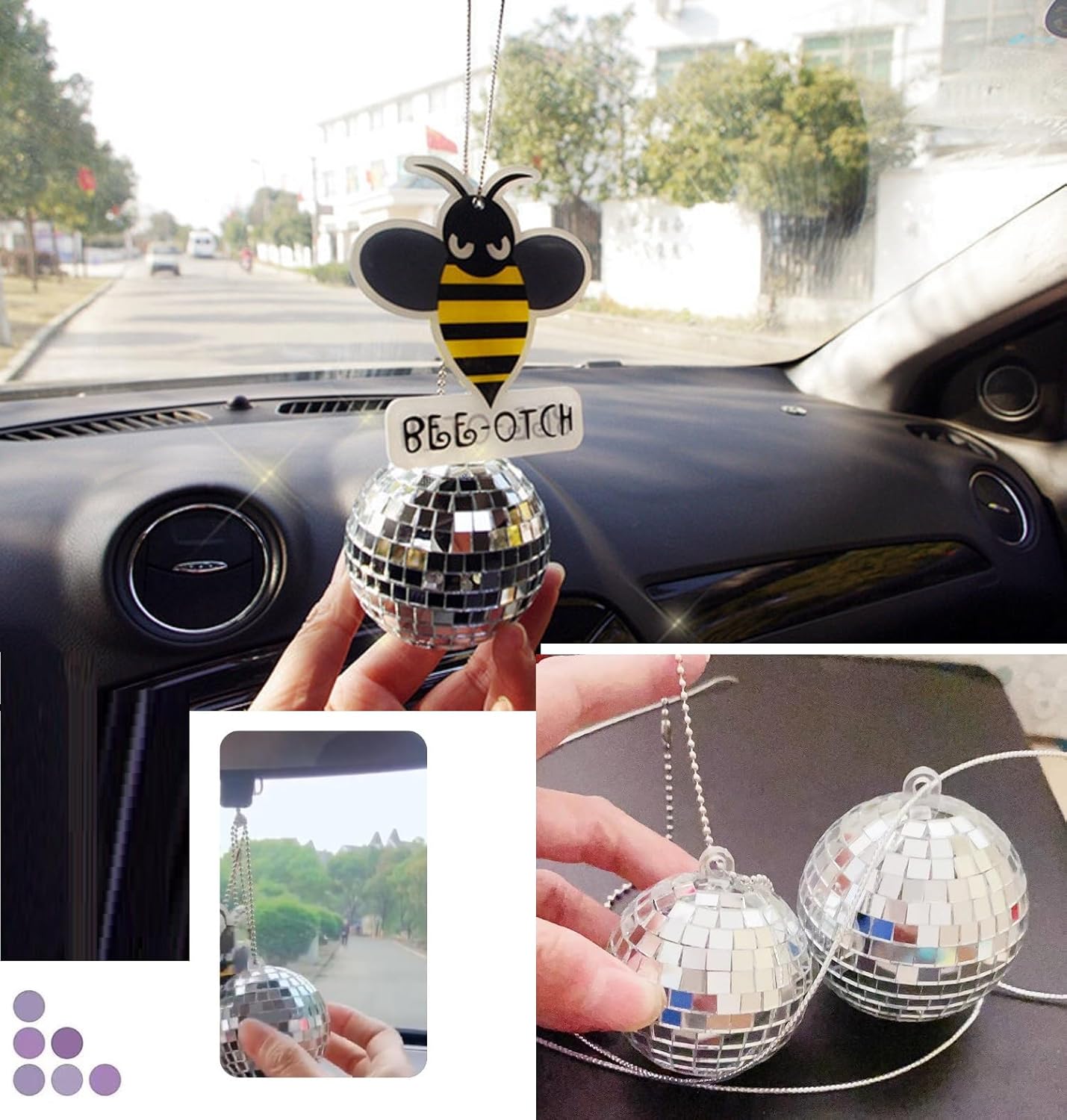 Accesorio de bola de discoteca para colgar, bola de discoteca con espejo, bola de discoteca para espejo de automóvil, colgante de coche de