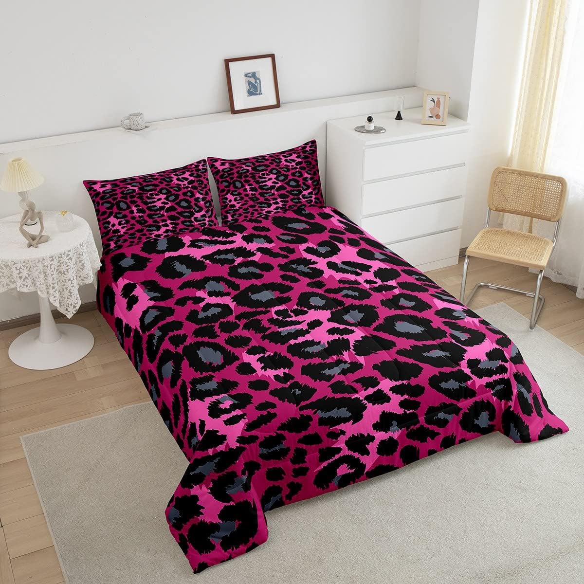 Erosebridal Juego de edredón de safari individual, estampado de leopardo y guepardo sobre edredón de plumón rosa con 1 funda de almohada para niños,