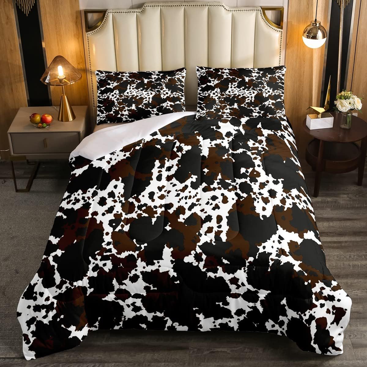Juego de ropa de cama de piel de vaca, tamaño Queen, bonito juego de edredón con estampado de vaca rústica de piel de animal para niños,