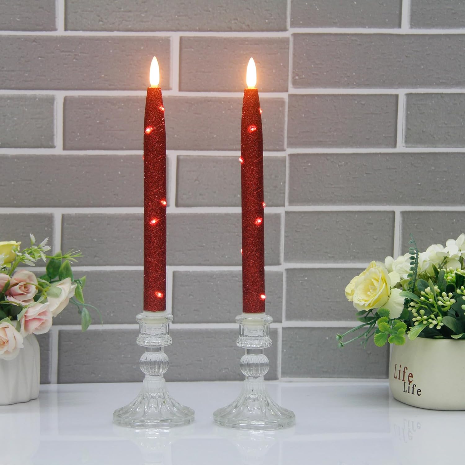 Velas LED sin llama con cuerda de luz de estrellas incrustada, con temporizador remoto, llama parpadeante 3D, velas cónicas falsas para ventana,