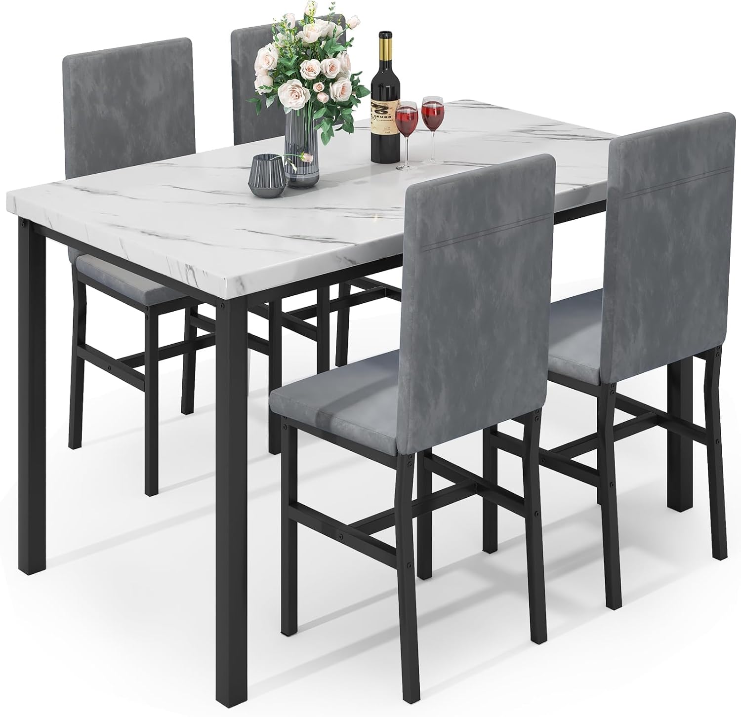 Hooseng Juego de 4 mesas de comedor para 4, juego de 4 mesas y sillas de cocina modernas, juego de mesa de comedor de 5 piezas que ahorran espacio