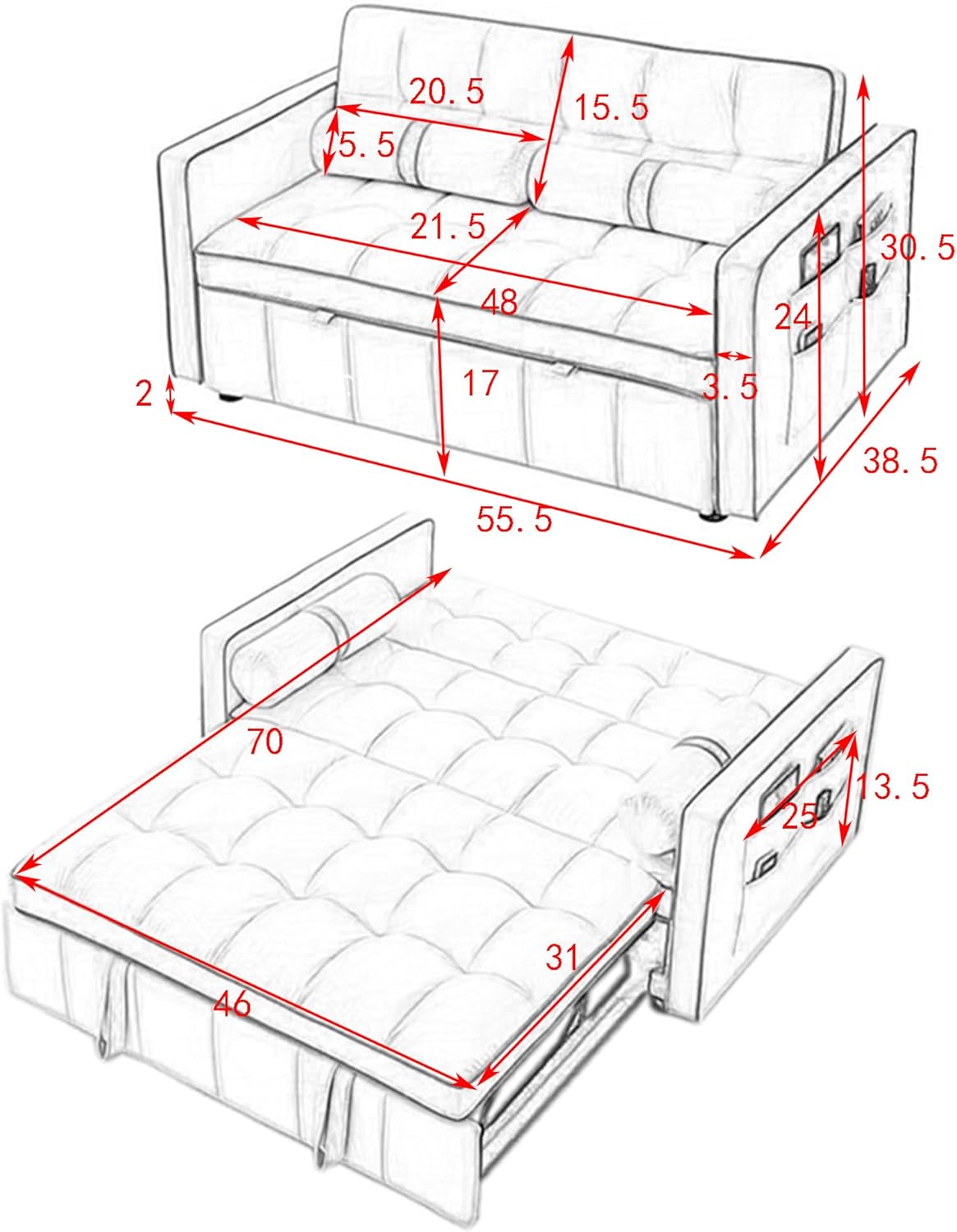 Sofá cama extraíble, color beige de 38.5 pulgadas de ancho + bolsillos laterales y almohadas lumbares