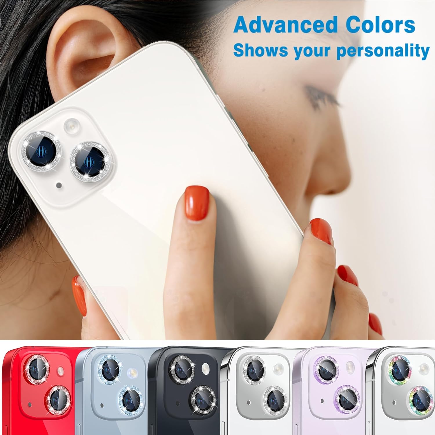 Protector de lente de cámara compatible con iPhone 14 y 14 Plus, cubierta de lente de diamante brillante con purpurina 9H, cubierta de cámara de