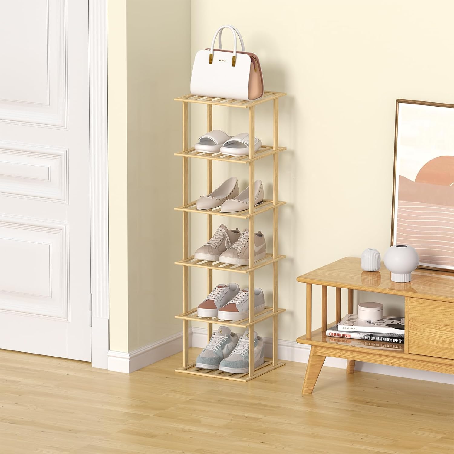 Zapatero de bambú  Zapatero vertical para espacios pequeños, estante de zapatos delgado que ahorra espacio, zapatero alto vertical estrecho para
