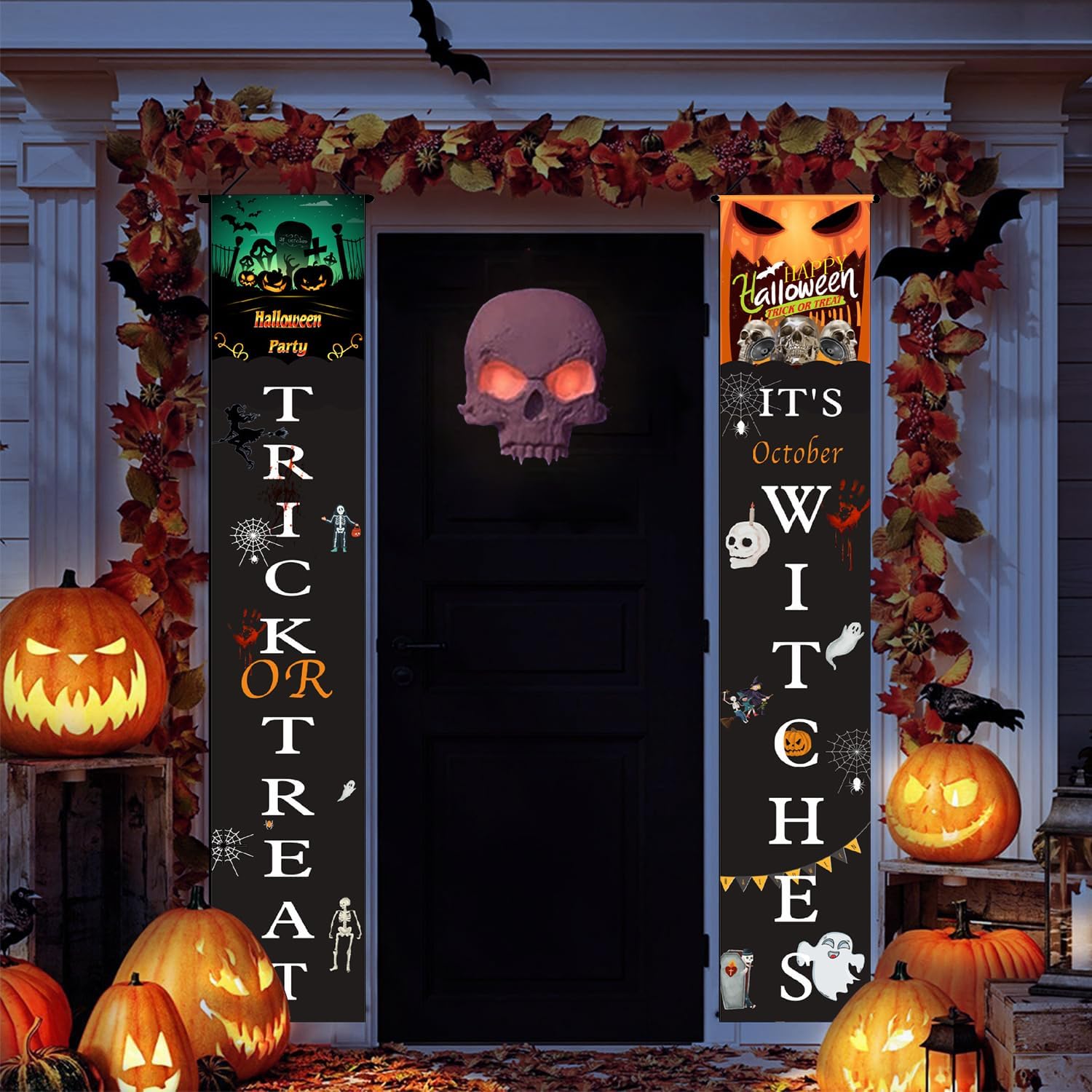 1 par de carteles de Halloween para puerta delantera, decoración de Halloween, cortinas de bandera para puertas al aire libre, cortina para puerta,