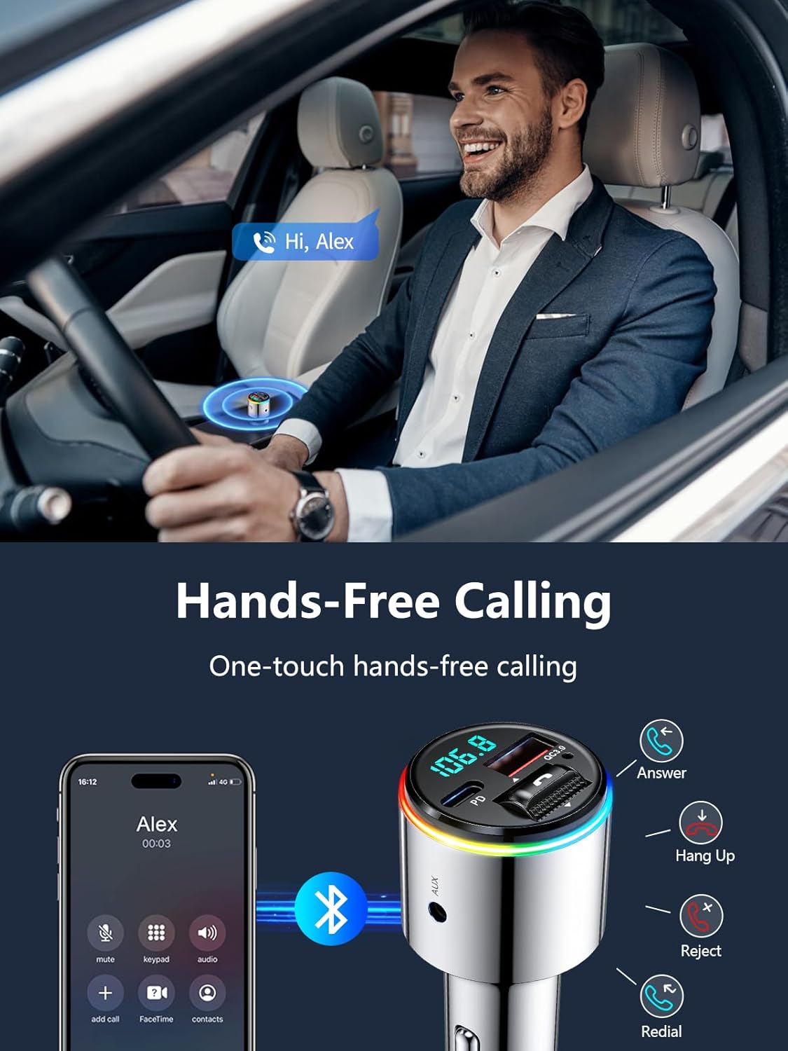 Transmisor FM Bluetooth 5.3 para coche, adaptador de radio FM inalámbrico Bluetooth para automóvil, QC3.0 18 W y cargador rápido tipo C PD 30 W,
