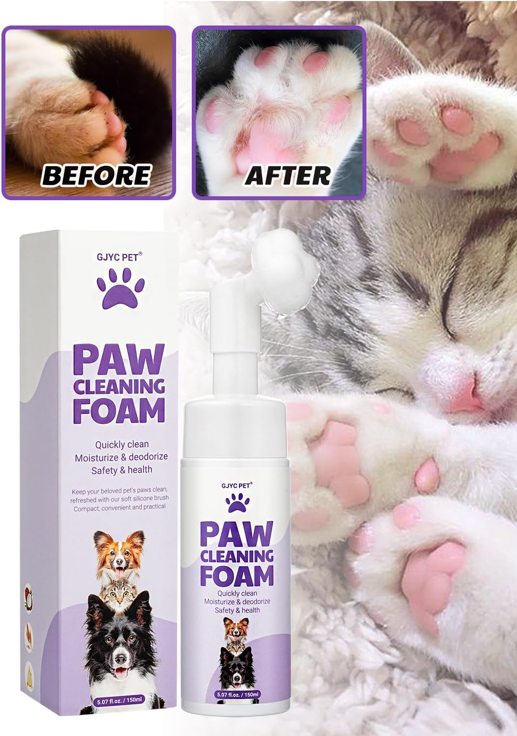 Limpiador de patas sin enjuague con espuma sin agua, limpiador de patas con limpiador de silicona mejorado, espuma mágica natural a base de plantas,