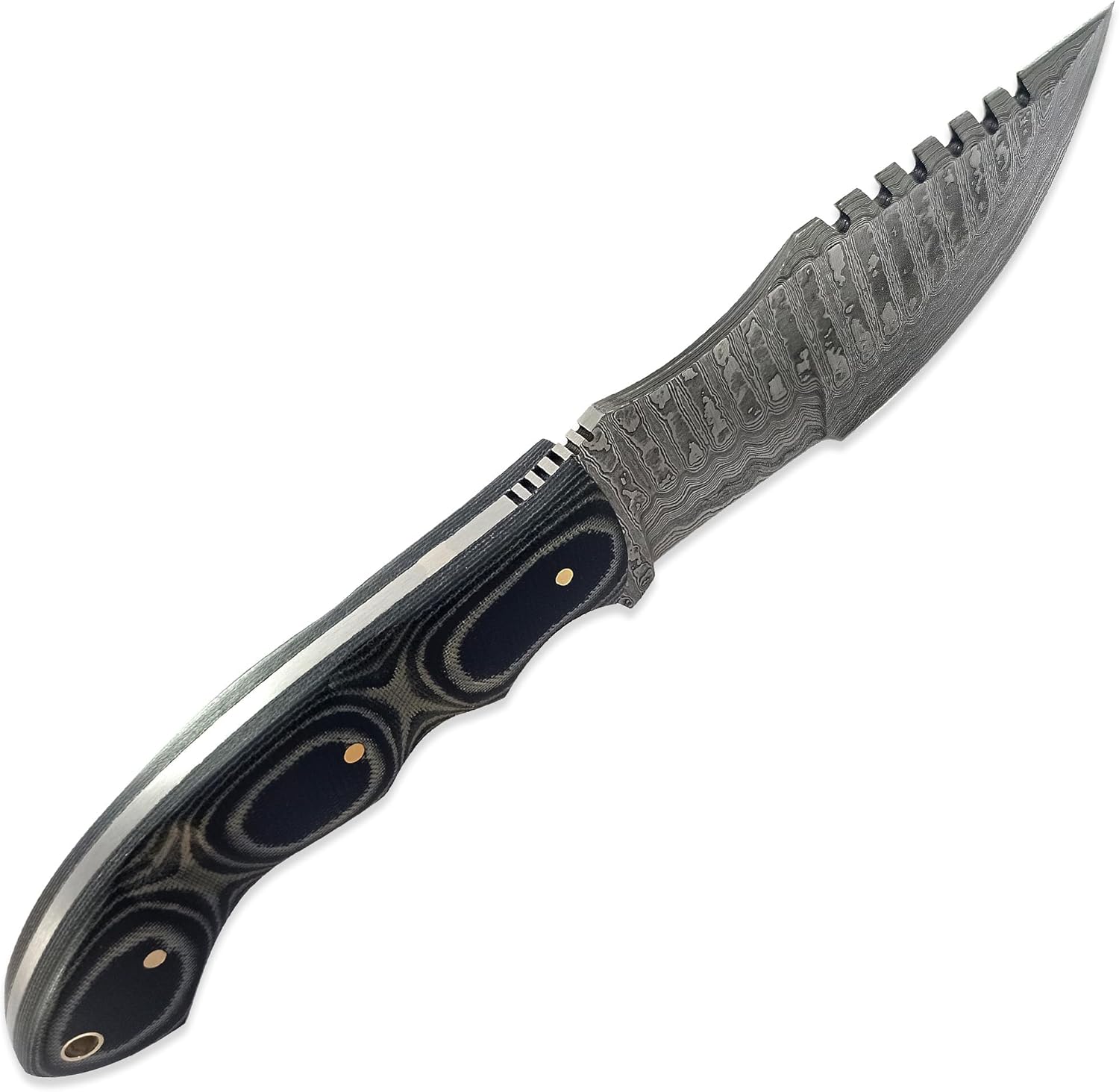 Cuchillo de caza de hoja fija Tracker Hecho a mano personalizado Acero de Damasco 10 pulgadas Tracker Cuchillo – Mango Micarta negro agarre perfecto