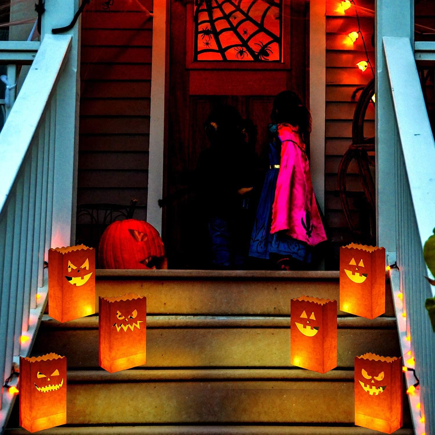 50 bolsas luminarias de Halloween, bolsas para velas resistentes al fuego, portavelas de té Jack-o’-Lantern para decoraciones de fiesta de Halloween